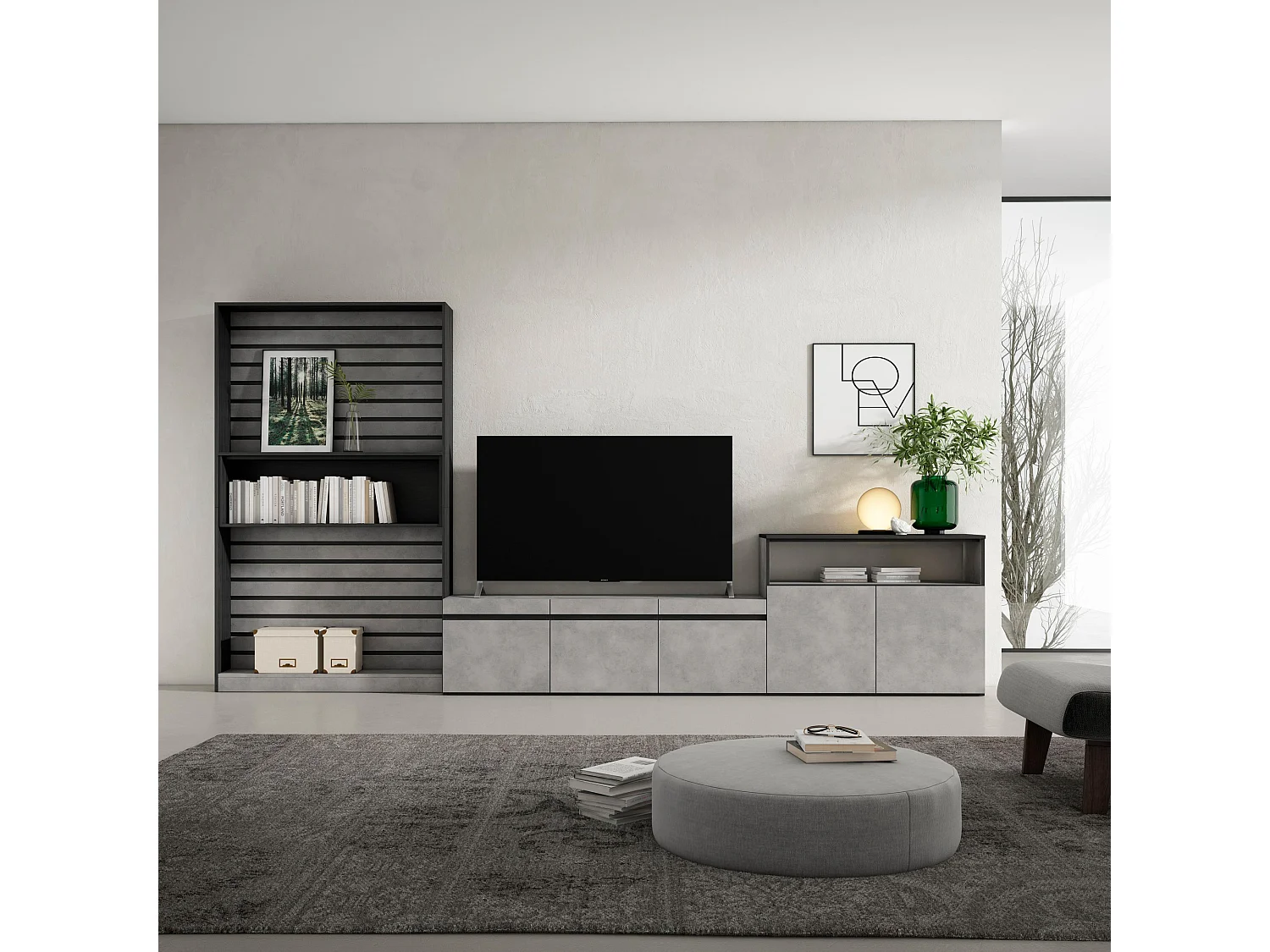 Ensemble Meuble TV, 360x186x35cm, Pour les TV jusqu'à 65", Salon Complet, Ciment