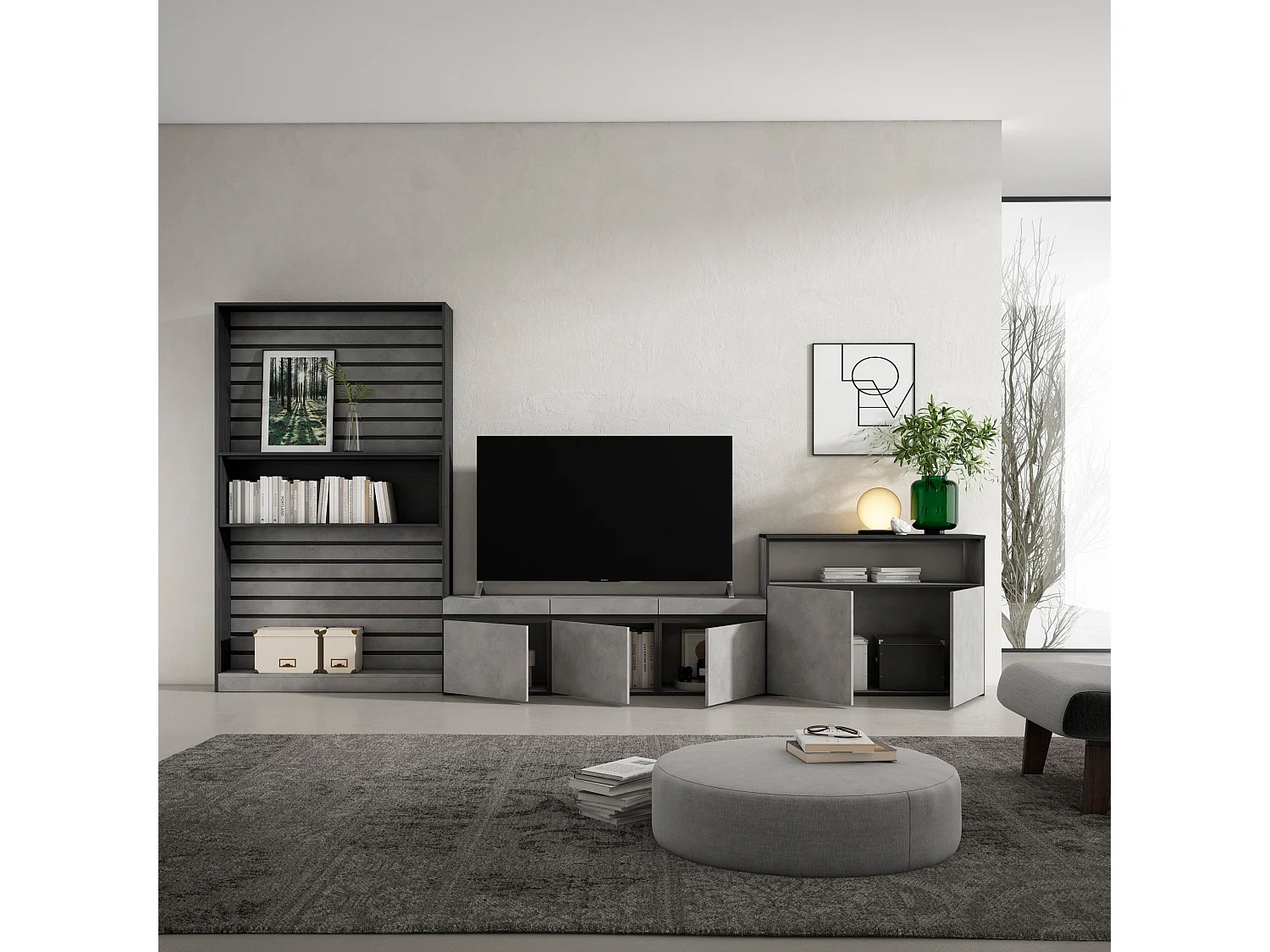 Ensemble Meuble TV, 360x186x35cm, Pour les TV jusqu'à 65", Salon Complet, Ciment