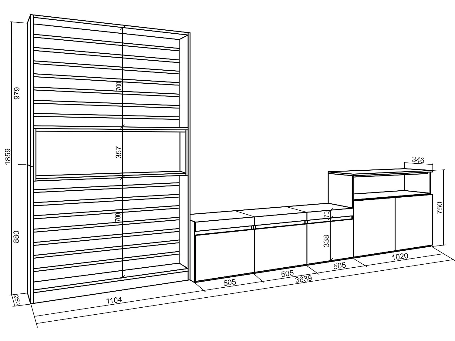 Ensemble Meuble TV, 360x186x35cm, Pour les TV jusqu'à 65", Salon Complet, Ciment