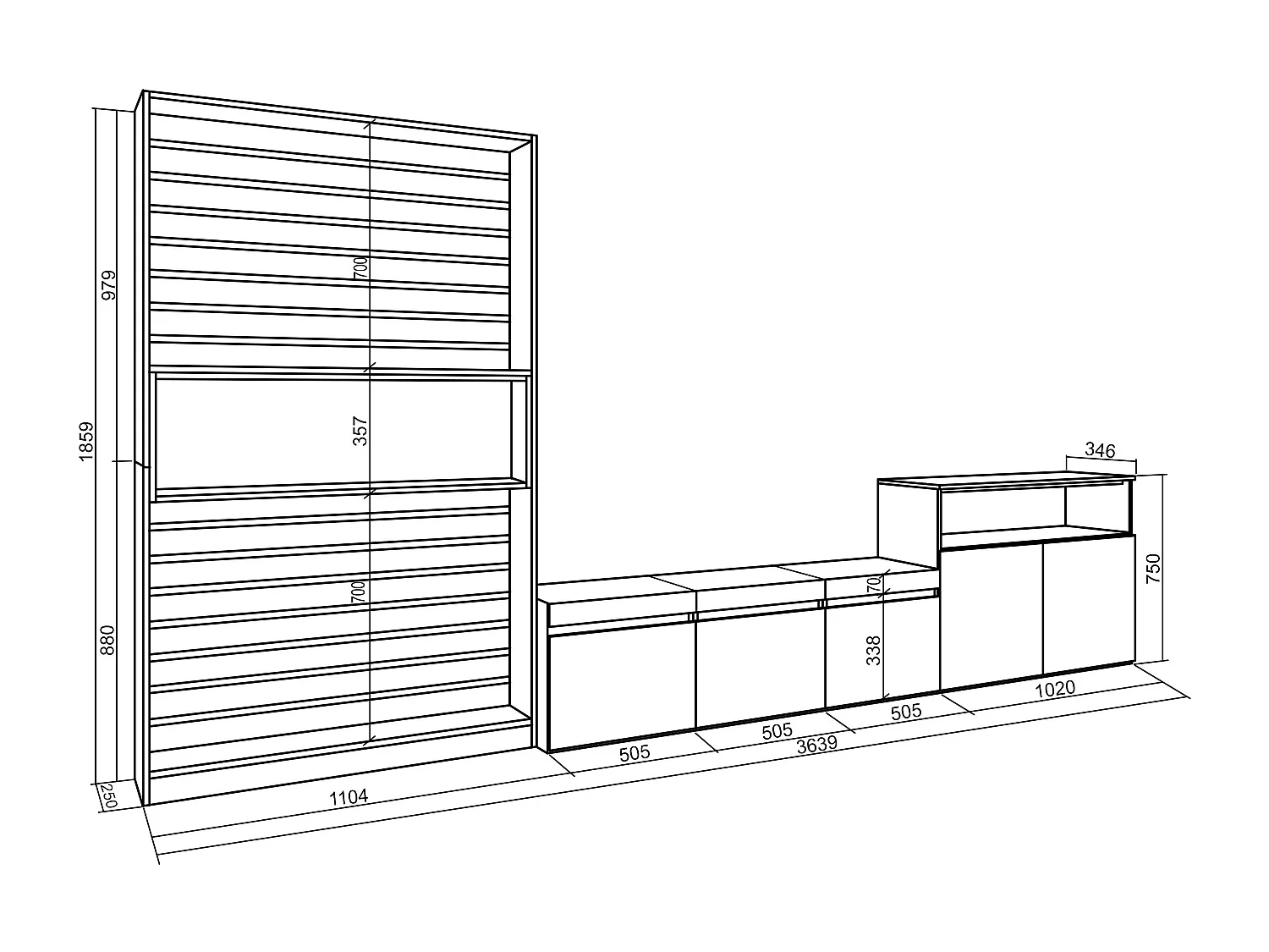 Wohnwand Wohnzimmer, 360x35x186cm, Für TV-Geräte bis zu 65", Wohnzimmer Möbel , Weiß und Schwarz