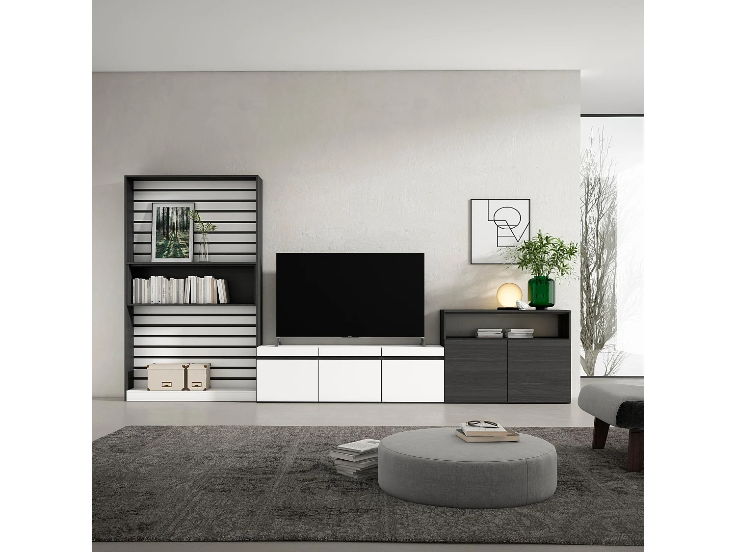 Ensemble Meuble TV, 360x35x186cm, Pour les TV jusqu'à 65", Salon Complet, Blanc et noir