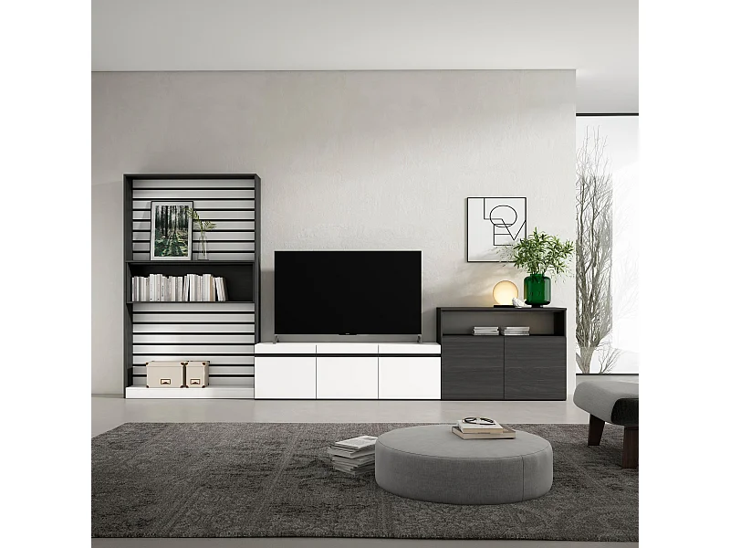 Wohnwand Wohnzimmer, 360x35x186cm, Für TV-Geräte bis zu 65", Wohnzimmer Möbel , Weiß und Schwarz