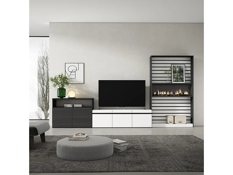 Mobile Soggiorno TV, 360x35x186cm, Per TV fino a 65", Camino elettrico, Bianco e nero