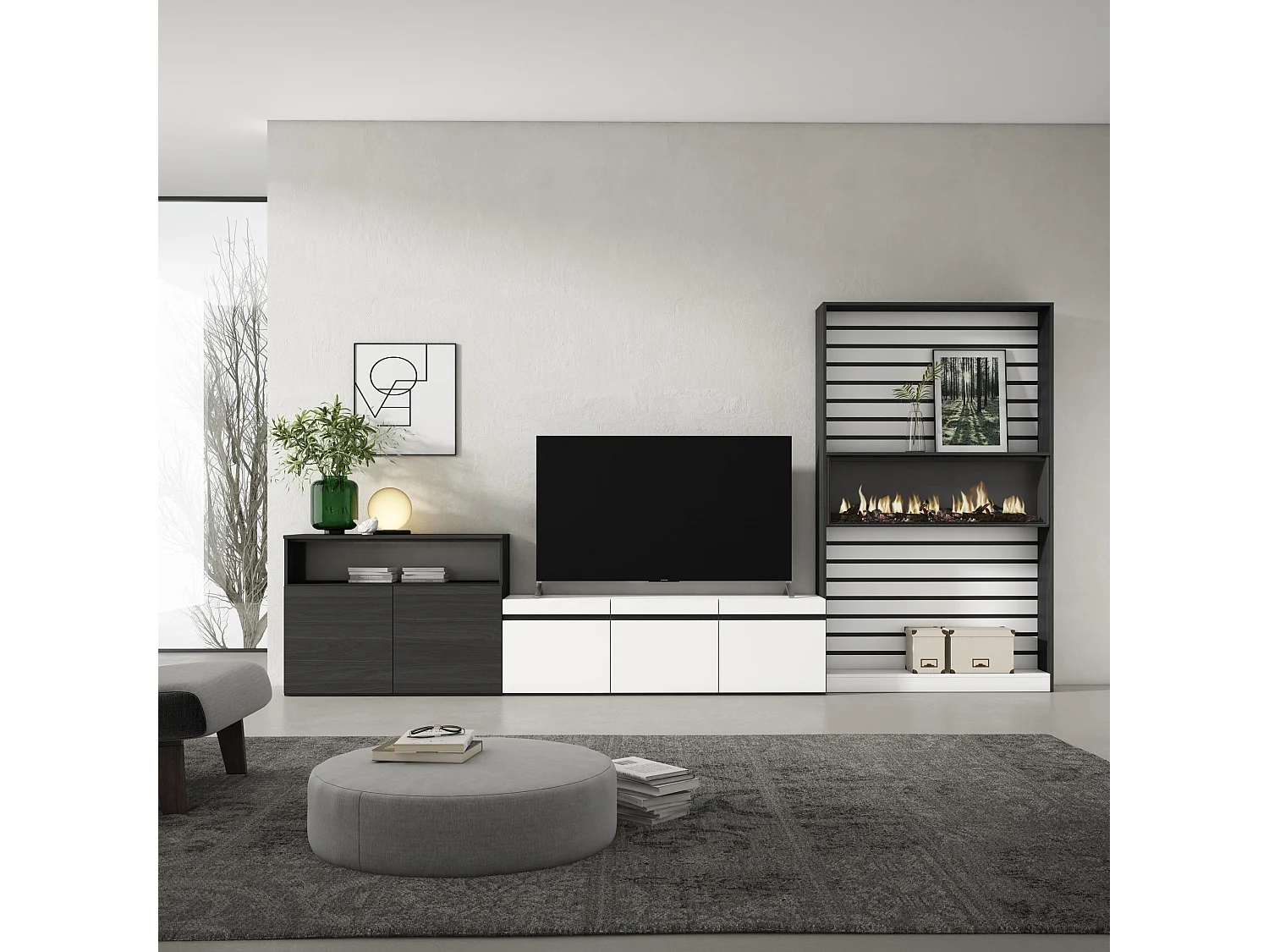 Wohnwand Wohnzimmer, 360x35x186cm, Für TV-Geräte bis zu 65", Elektrokamin, Weiß und Schwarz