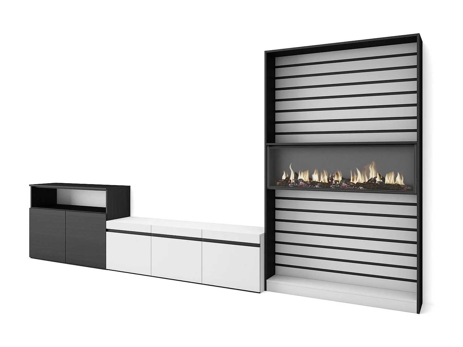 Wohnwand Wohnzimmer, 360x35x186cm, Für TV-Geräte bis zu 65", Elektrokamin, Weiß und Schwarz