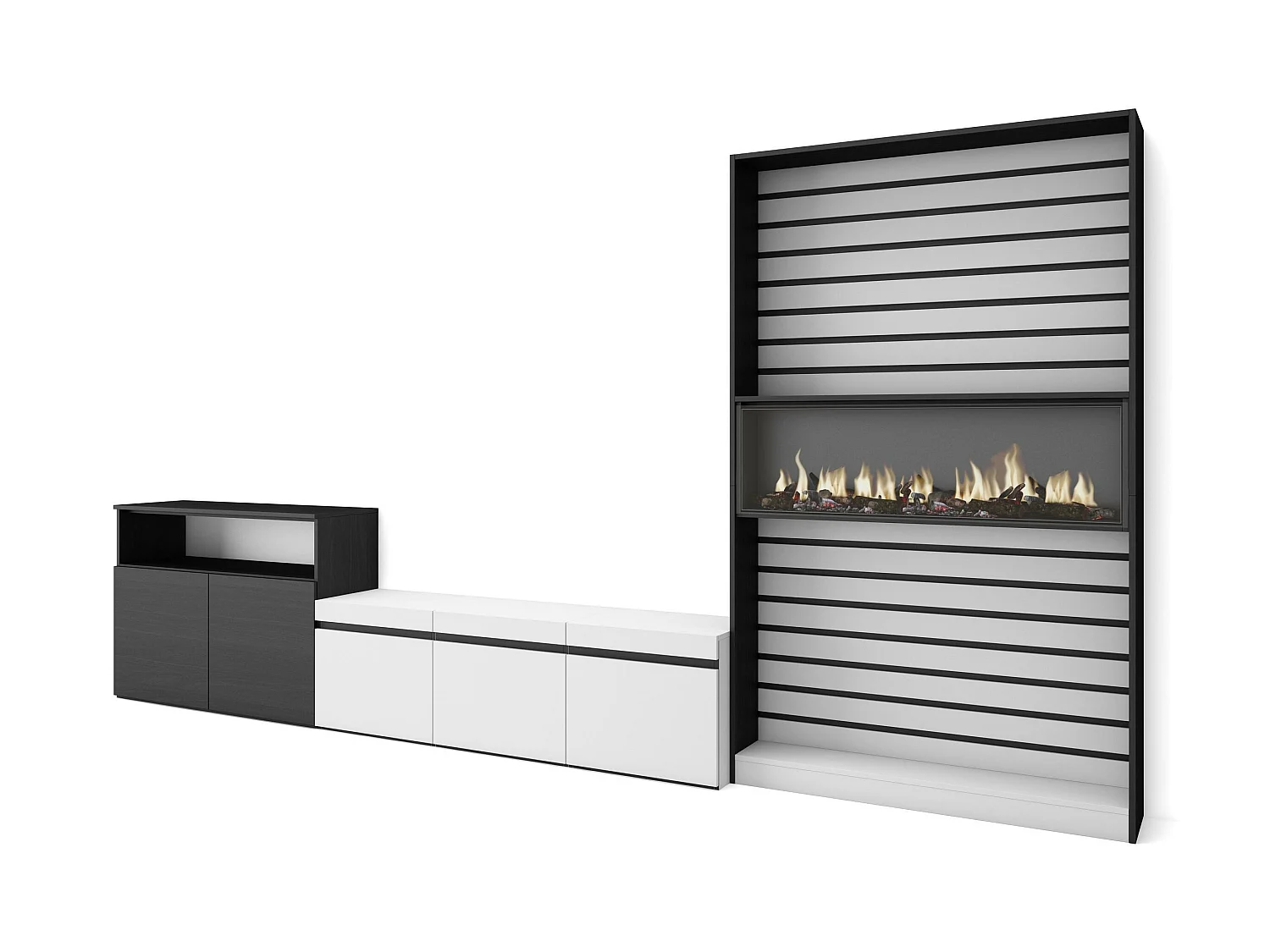 Meubels voor woonkamer, 360x35x186cm, Voor tv's tot 65", Elektrische haard, Wit en Zwart