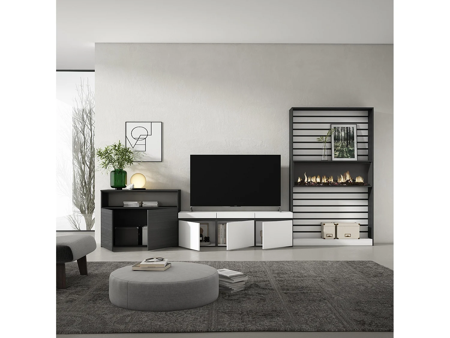 Muebles de Salón para TV, 360x35x186cm, Para TV hasta 65", Chimenea eléctrica, Blanco y negro