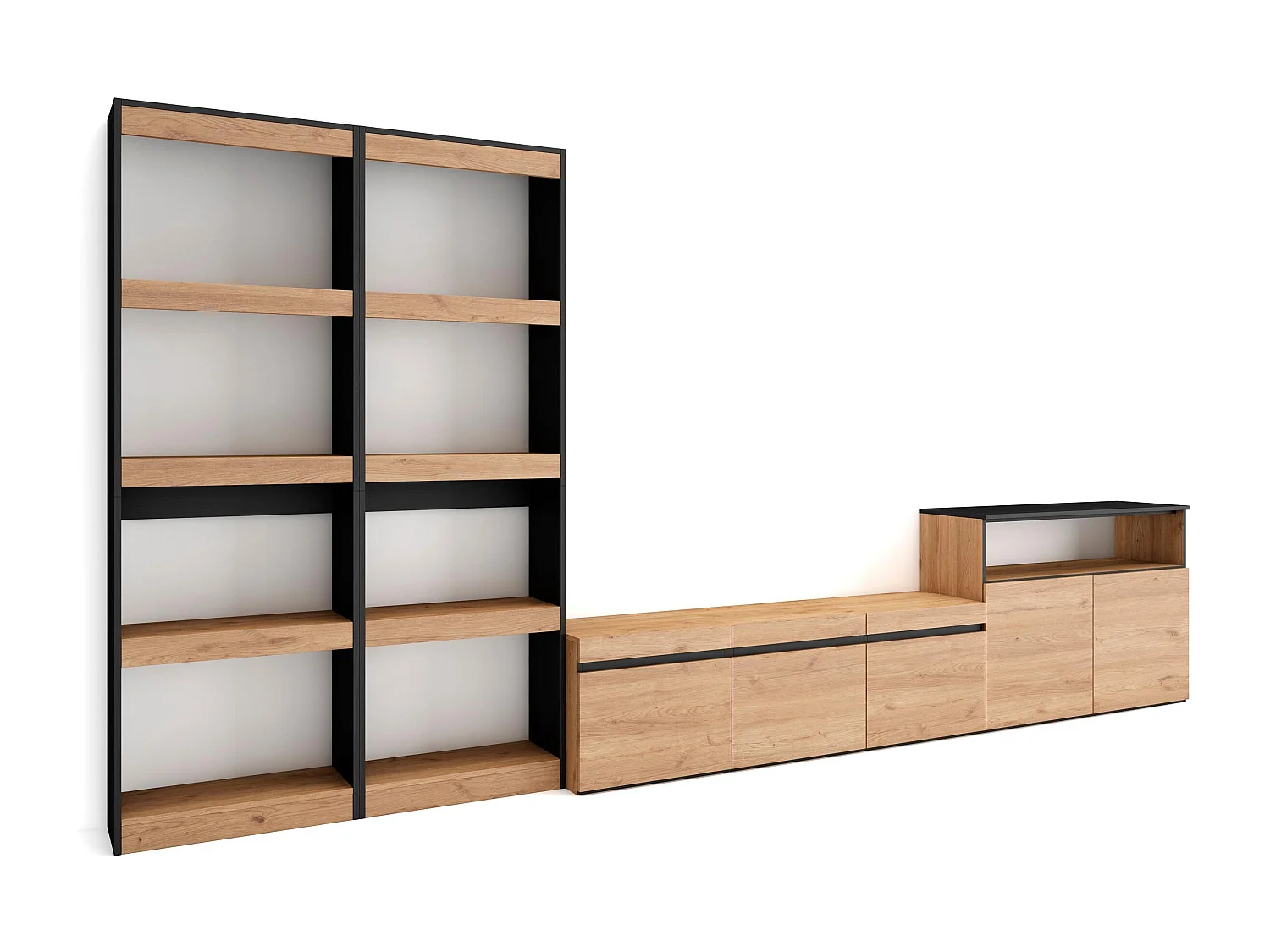 Mobile Soggiorno TV, 370x35x186cm, Per TV fino a 65", Set di mobili, Rovere e nero