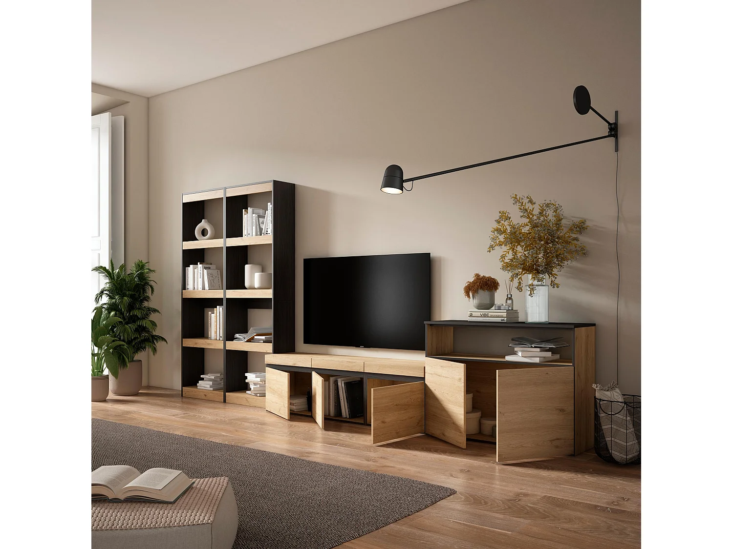 Mobile Soggiorno TV, 370x35x186cm, Per TV fino a 65", Set di mobili, Rovere e nero