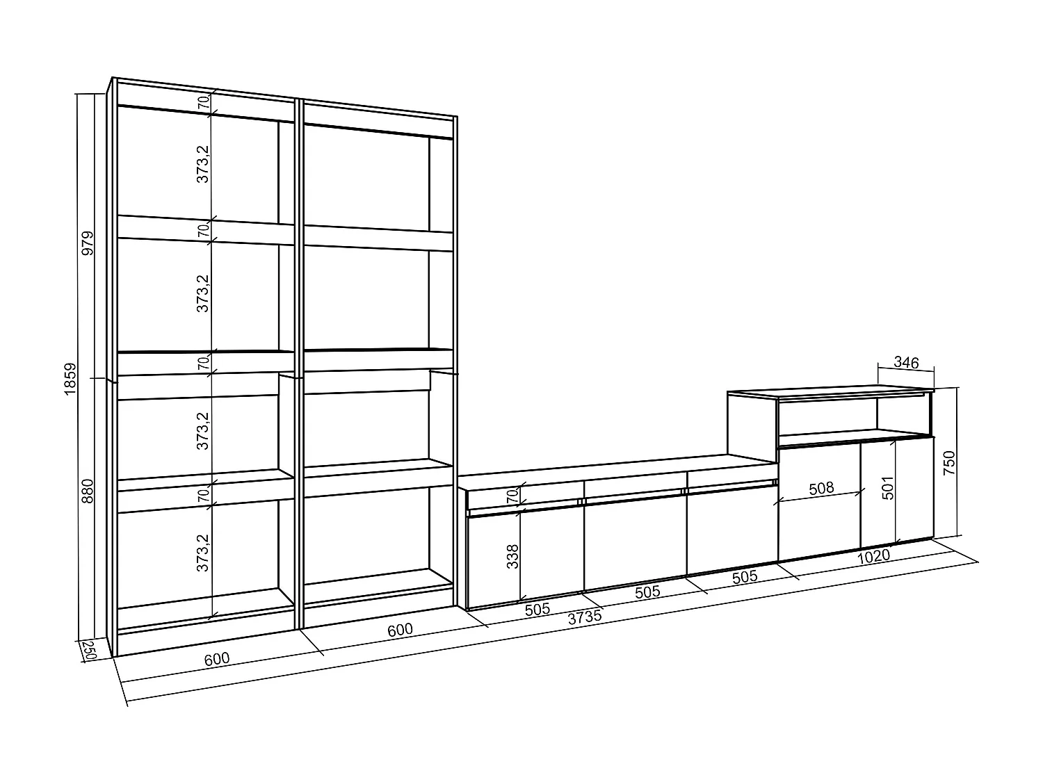 Mobile Soggiorno TV, 370x35x186cm, Per TV fino a 65", Set di mobili, Rovere e nero