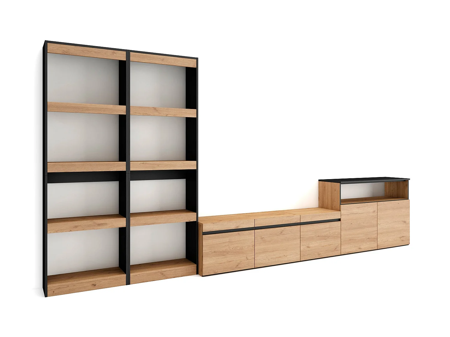 Ensemble Meuble TV, 370x35x186cm, Pour les TV jusqu'à 65", Salon Complet, Chêne et noir