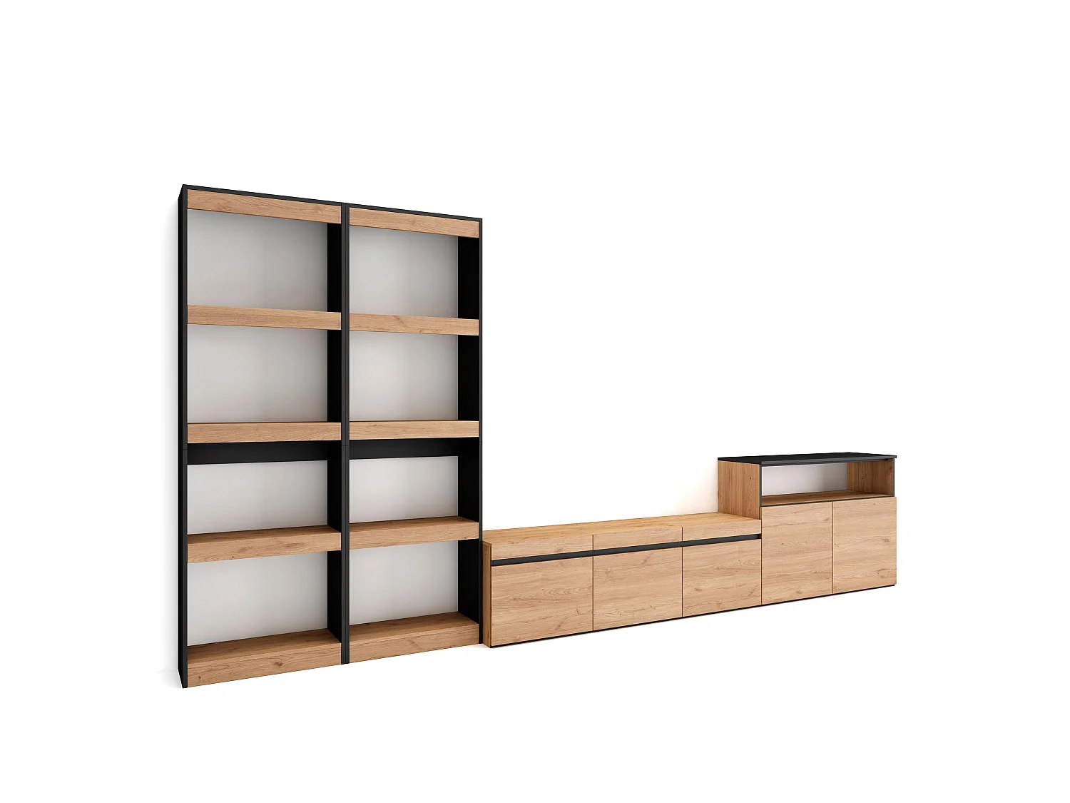 Ensemble Meuble TV, 370x35x186cm, Pour les TV jusqu'à 65", Salon Complet, Chêne et noir