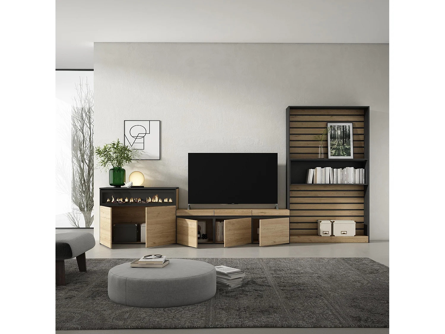Ensemble Meuble TV, 360x35x186cm, Pour les TV jusqu'à 65", Cheminée électrique, Chêne et noir