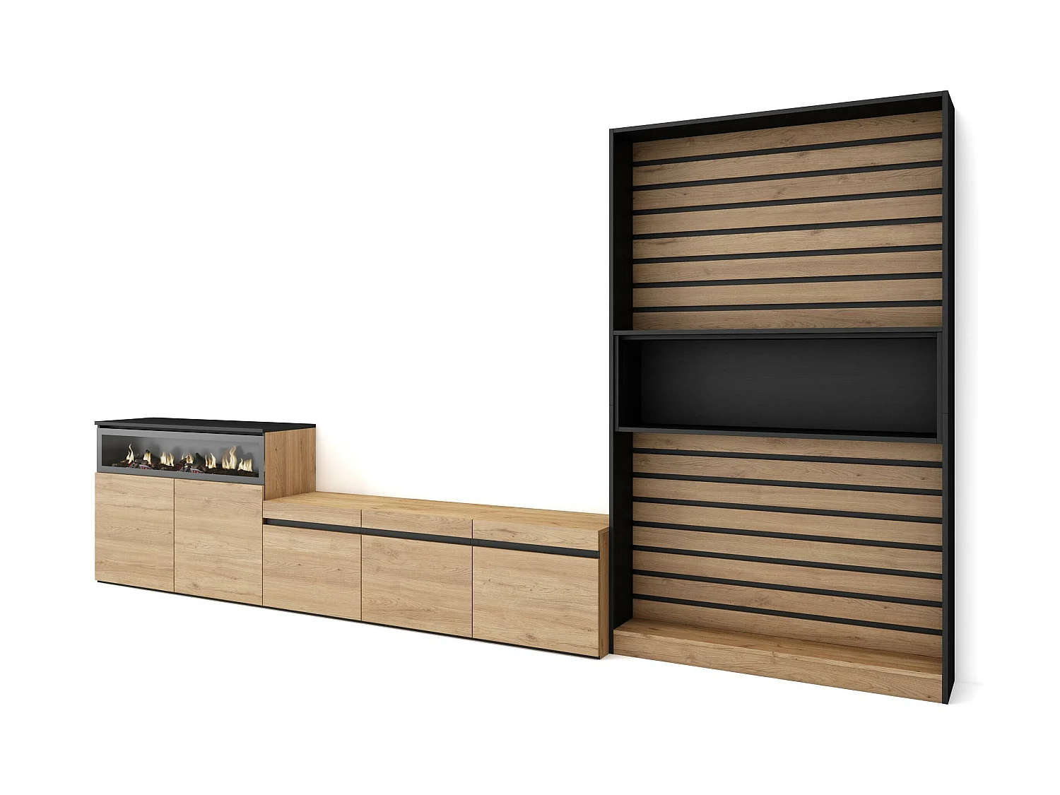 Ensemble Meuble TV, 360x35x186cm, Pour les TV jusqu'à 65", Cheminée électrique, Chêne et noir