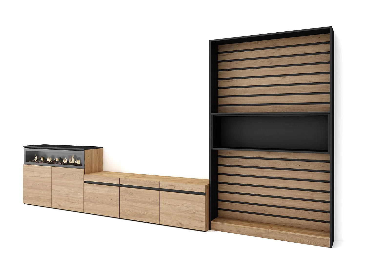 Ensemble Meuble TV, 360x35x186cm, Pour les TV jusqu'à 65", Cheminée électrique, Chêne et noir