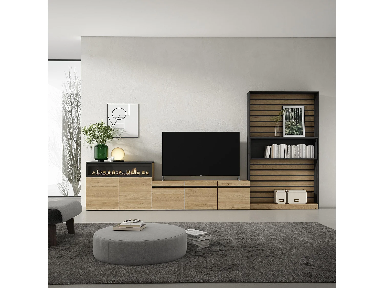 Ensemble Meuble TV, 360x35x186cm, Pour les TV jusqu'à 65", Cheminée électrique, Chêne et noir