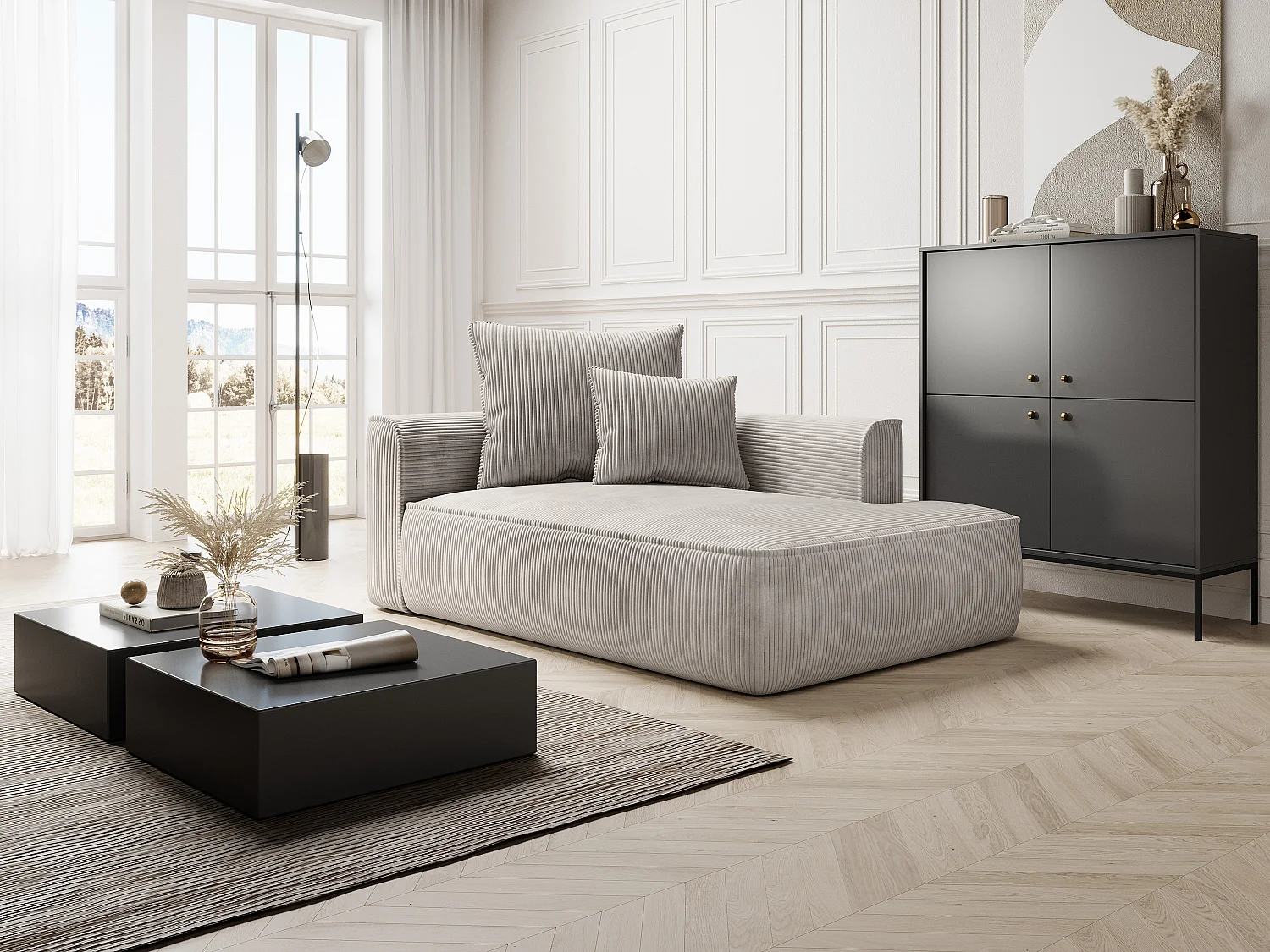 Szezlong prawostronny z beżowego sztruksu - PINETA