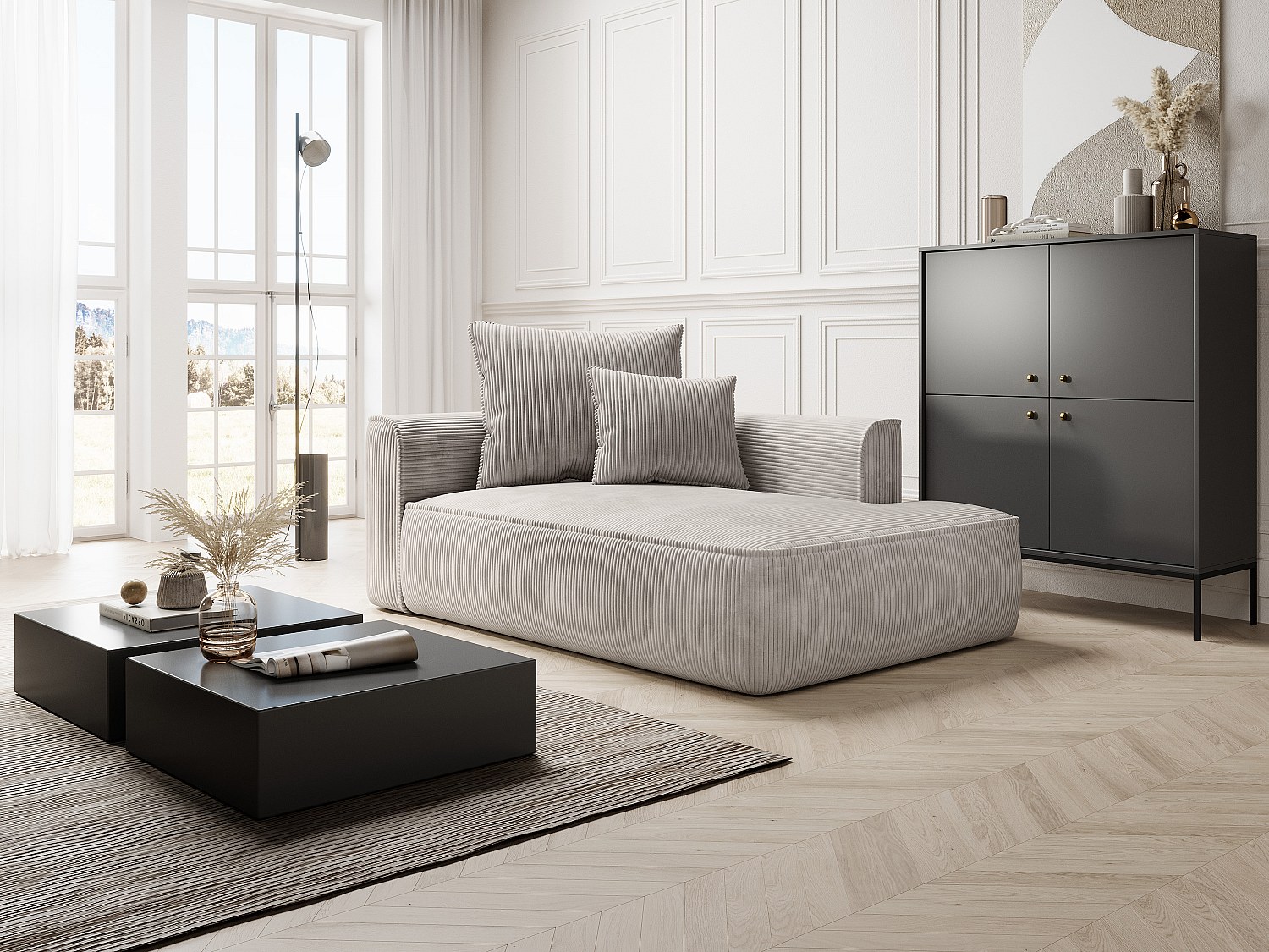 Vente-unique Recamiere - Rechtsseitig - Cord - Beige - Pineta