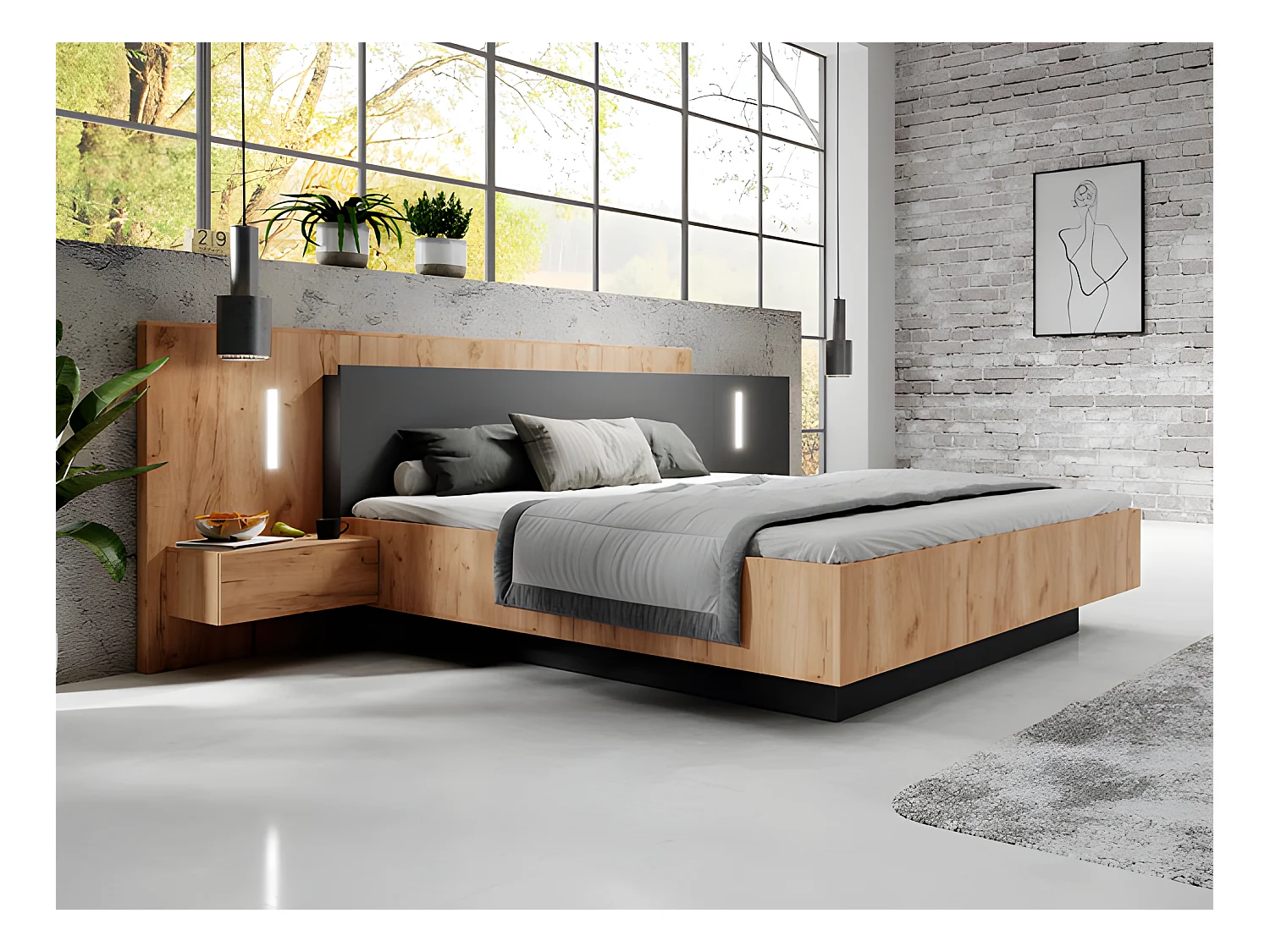 Lit avec chevets 140 x 190 cm - 2 tiroirs - Avec LEDs - Coloris : Naturel et anthracite + Sommier - FRANCOLI