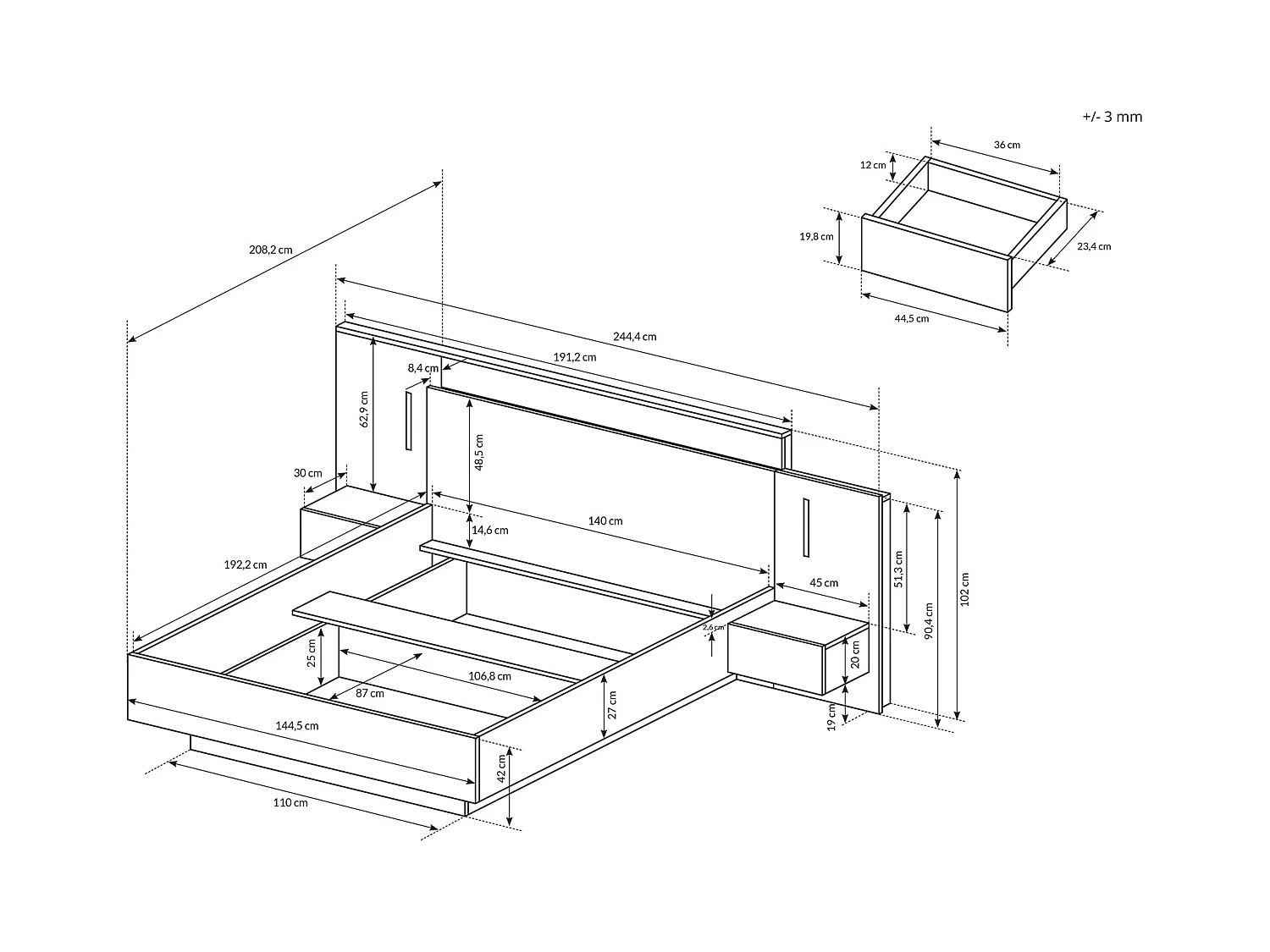 Cama con mesitas de noche 140 x 190 cm - 2 cajones - Con LEDs - Color: Natural y antracita + Somier - FRANCOLI