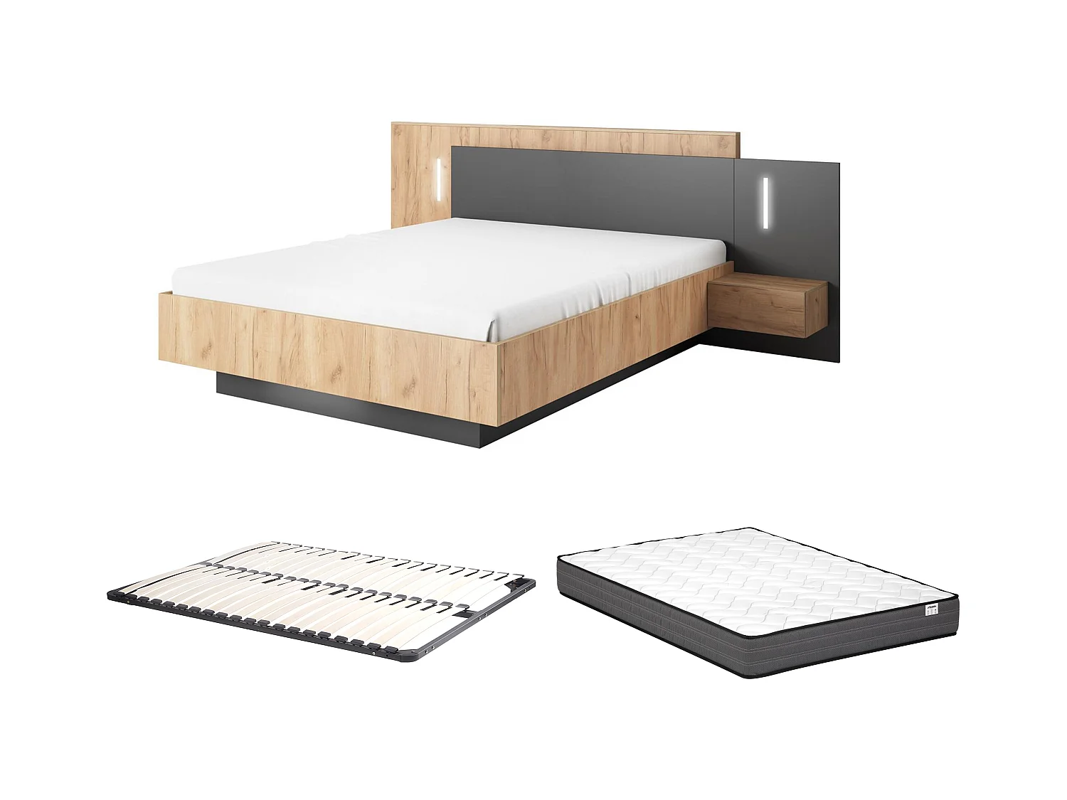 Cama con mesitas de noche 140 x 190 cm - 2 cajones - Con LEDs - Color: Natural y antracita + Somier + Colchón - FRANCOLI