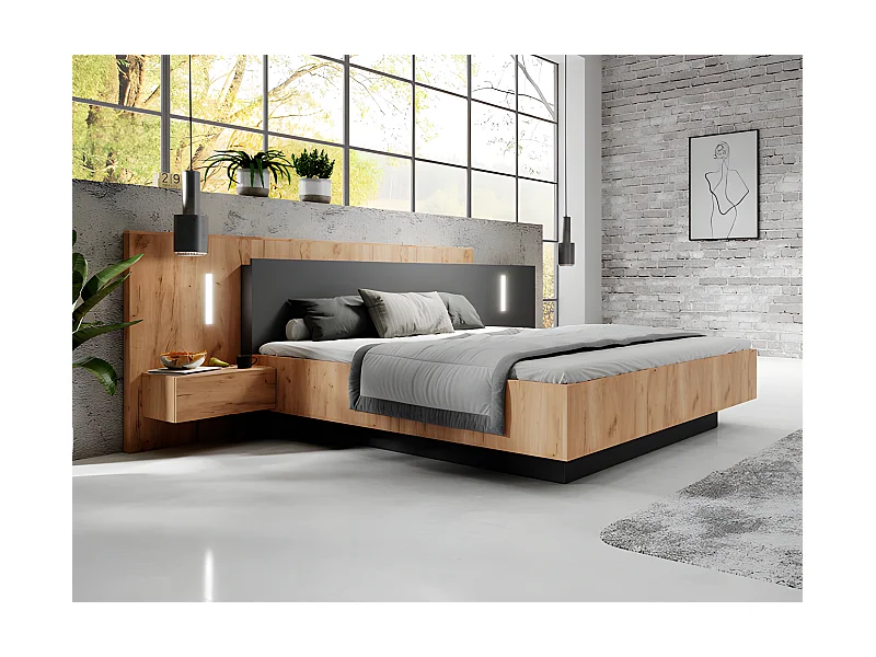 Łóżko ze skrzynią i szafkami nocnymi 140 x 190 cm - 2 szuflady - Z oświetleniem LED - Kolory: Naturalny i antracytowy - FRANCOLI
