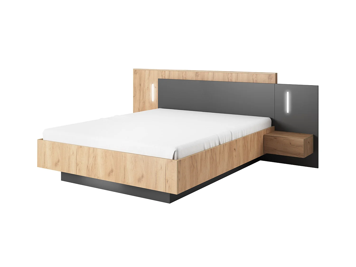 Bed met opbergruimte en nachtkastjes – 140 x 190 cm – 2 lades – Met ledverlichting – Kleuren: houteffect en antraciet – FRANCOLI