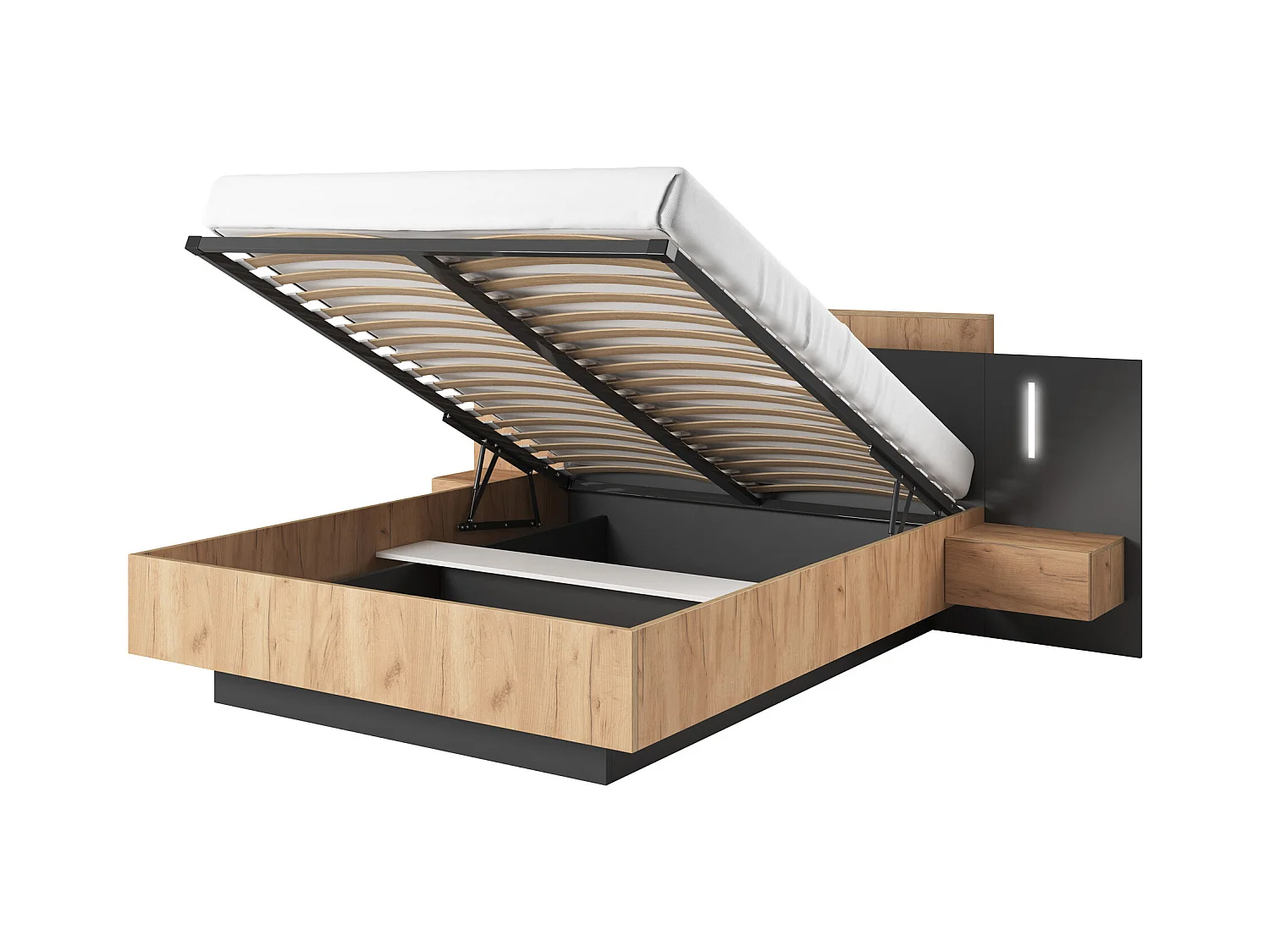 Bed met opbergruimte en nachtkastjes – 140 x 190 cm – 2 lades – Met ledverlichting – Kleuren: houteffect en antraciet – FRANCOLI
