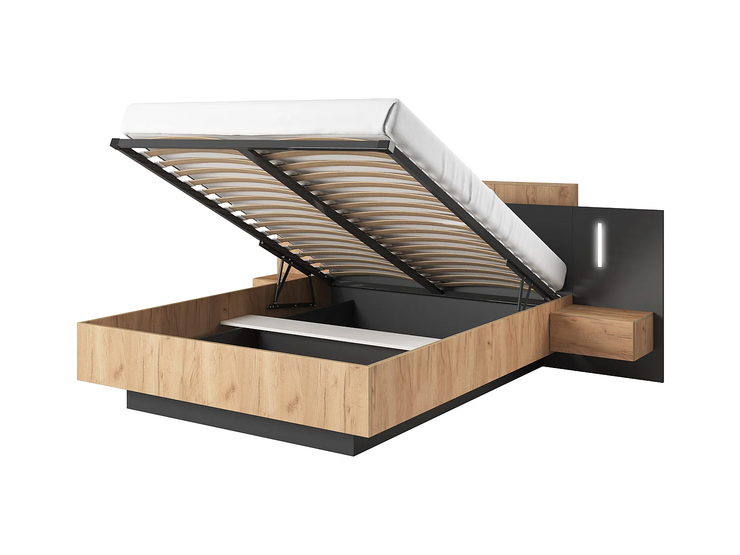 Canapé abatible y mesitas de noche 140 x 190 cm - 2 cajones - Con LEDs - Color: Natural y antracita + Colchón - FRANCOLI