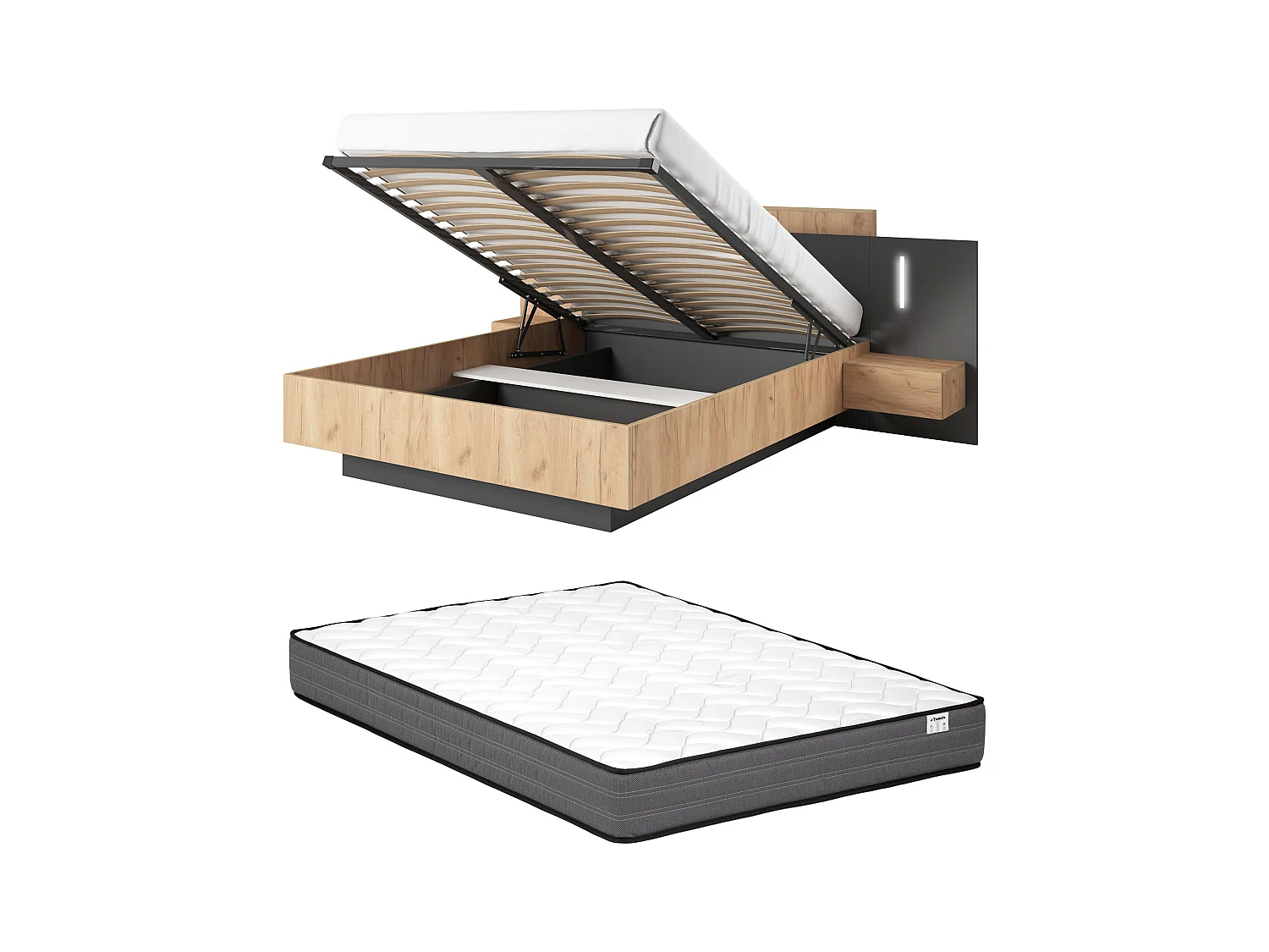 Lit coffre avec chevets 140 x 190 cm - 2 tiroirs - Avec LEDs - Coloris : Naturel et anthracite + Matelas - FRANCOLI