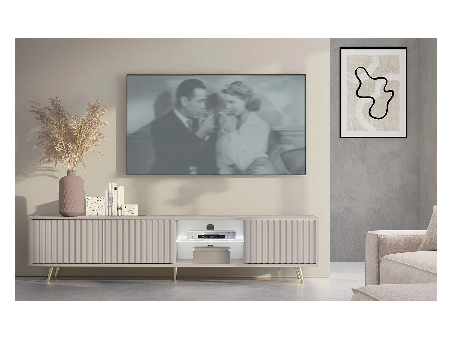 Meuble TV - 175 cm - façade à lamelles - Taupe (Gris-Beige) - BELLO
