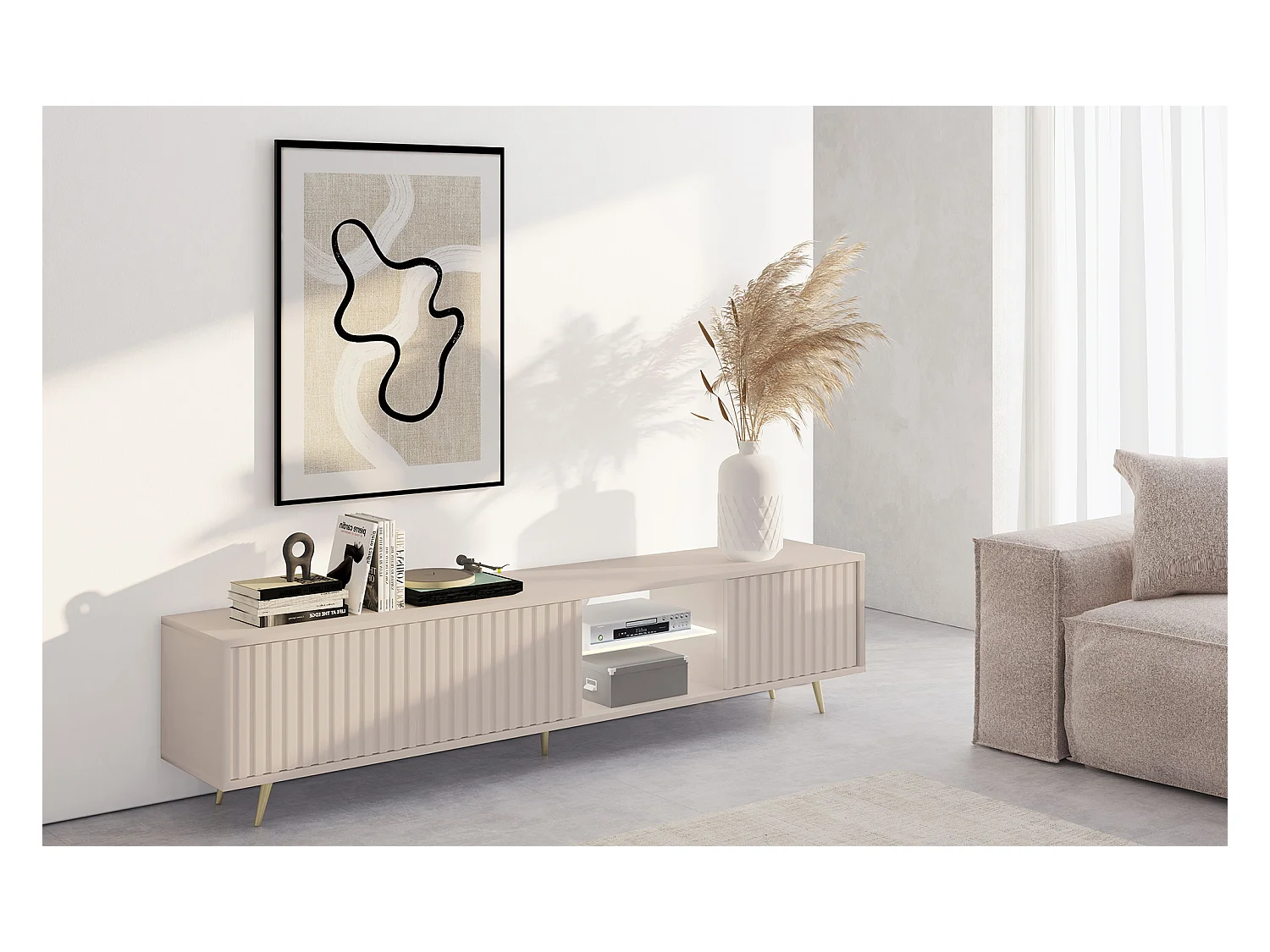 Meuble TV - 175 cm - façade à lamelles - Taupe (Gris-Beige) - BELLO