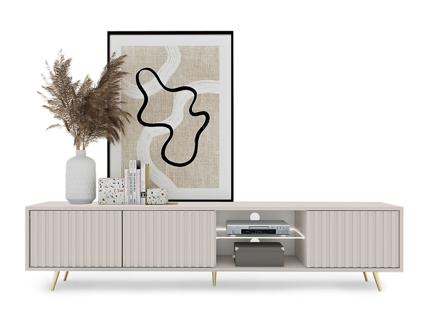 Meuble TV - 175 cm - façade à lamelles - Taupe (Gris-Beige) - BELLO