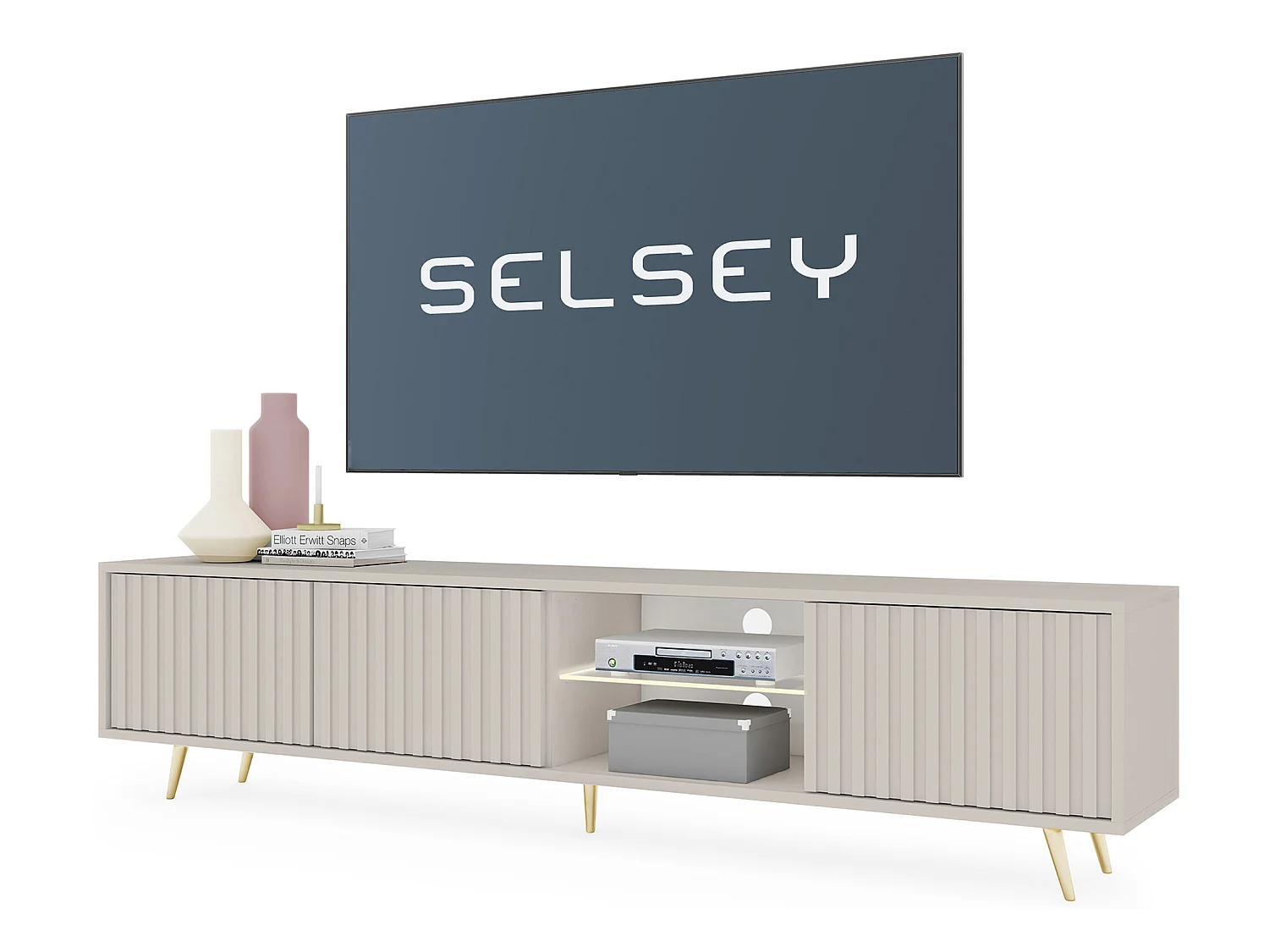 Meuble TV - 175 cm - façade à lamelles - Taupe (Gris-Beige) - BELLO