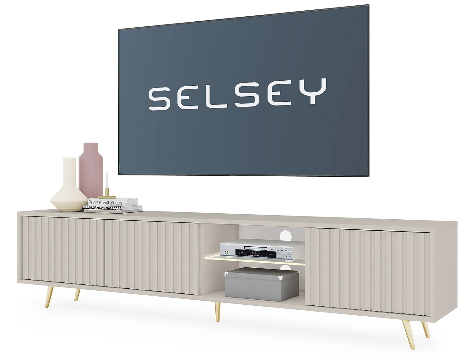 TV-meubel - 175 cm - lamellenfront - Taupe (Grijs-Beige) - BELLO
