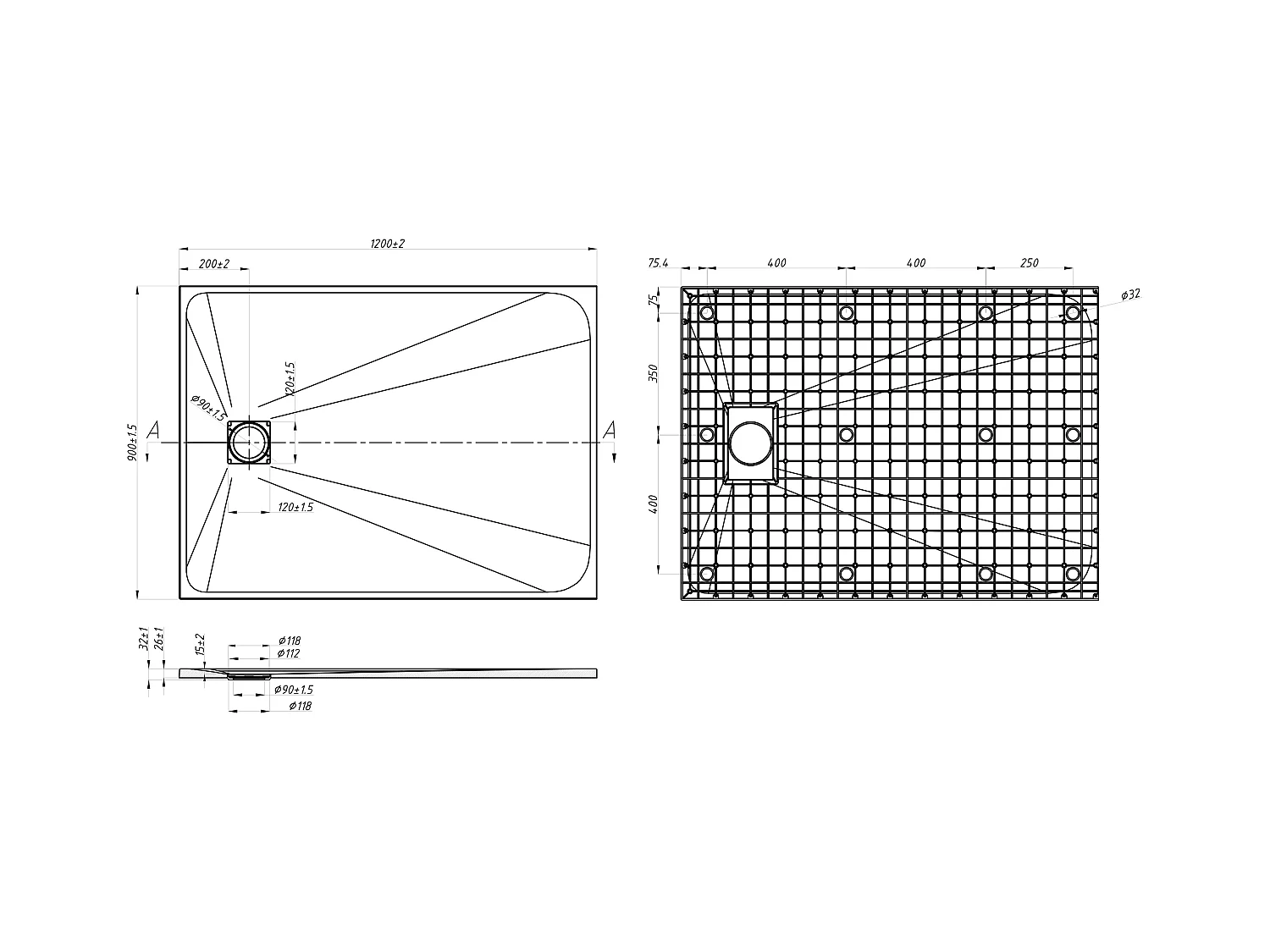 Plato de ducha de resina para instalar o empotrar con sifón - Blanco - 120 x 90 cm - MIRNOSA