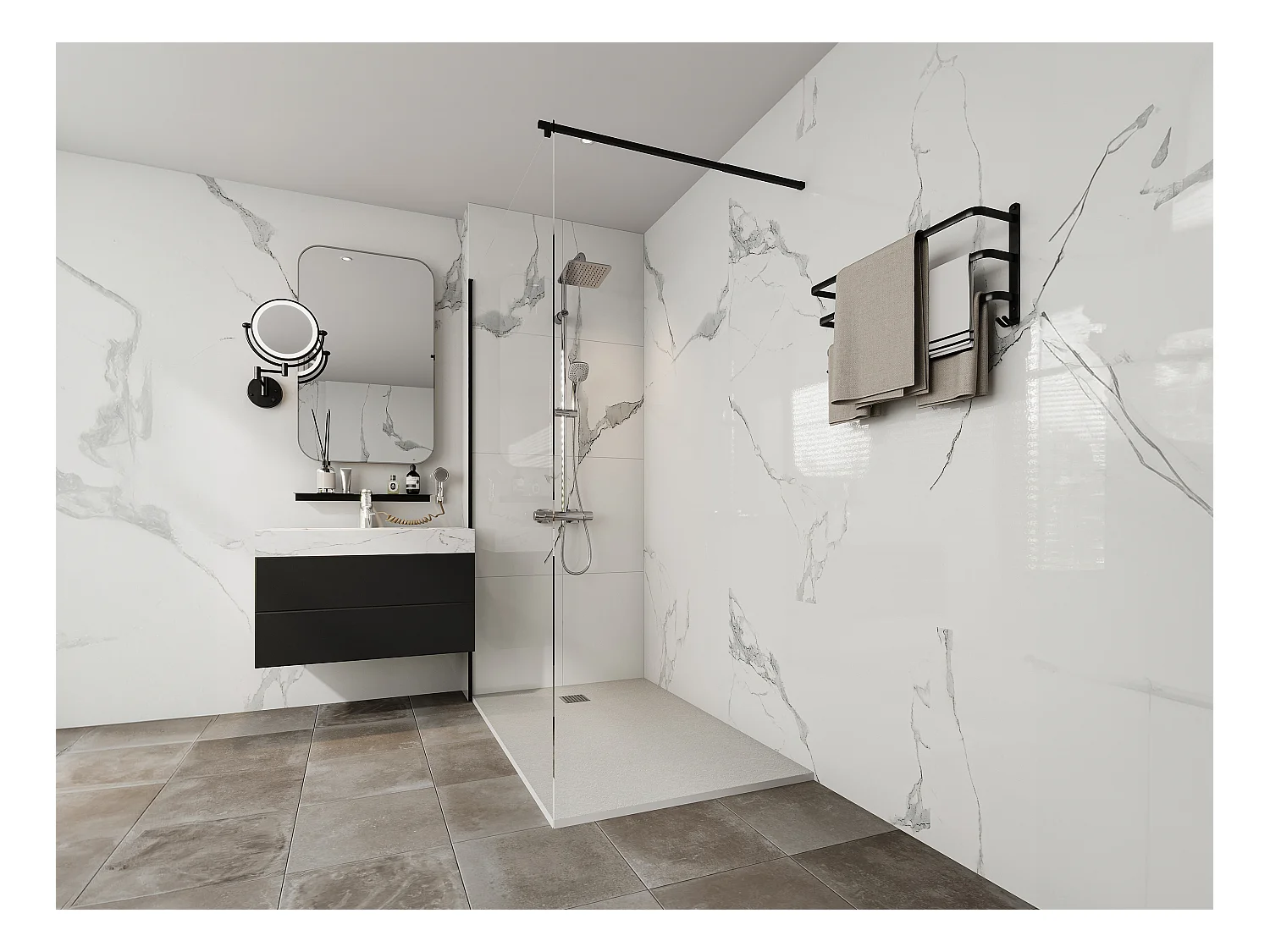 Ekstra flad brusebund til påsætning eller nedfældning, skærbar, i SMC-resin med vandlås - Hvid - 140 x 90 cm - MIRNOSA