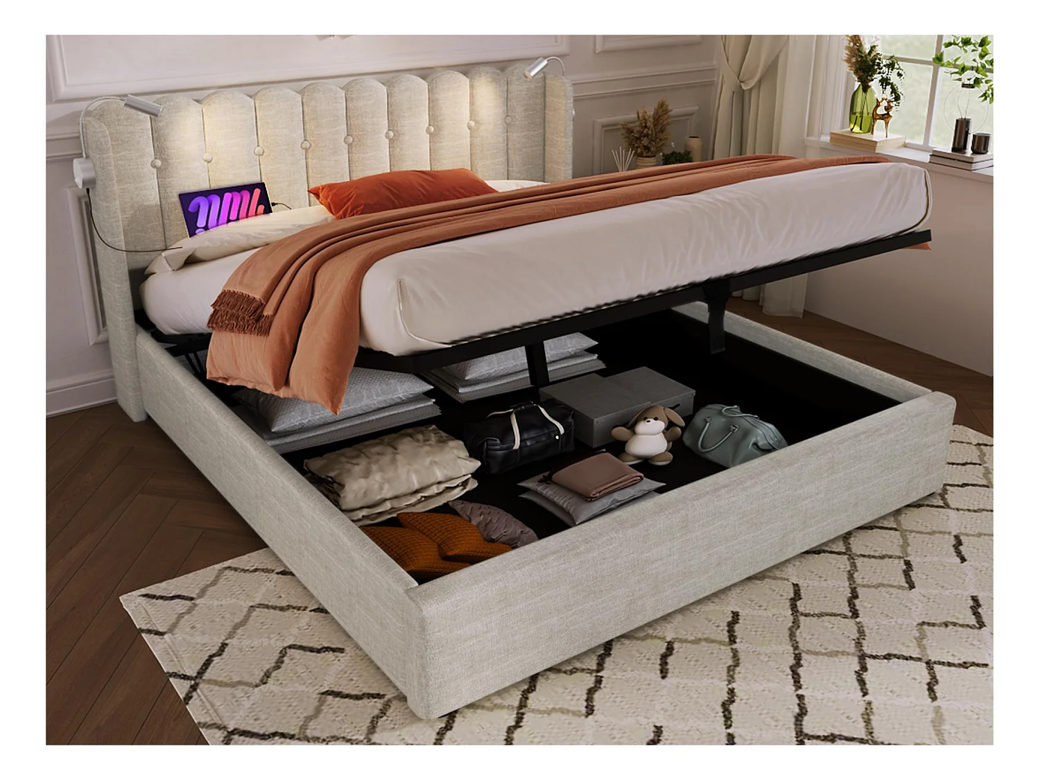 Lit coffre capitonné avec LED et Ports de charge USB - 160x200cm - tissu en lin - avec sommier à lattes - Beige