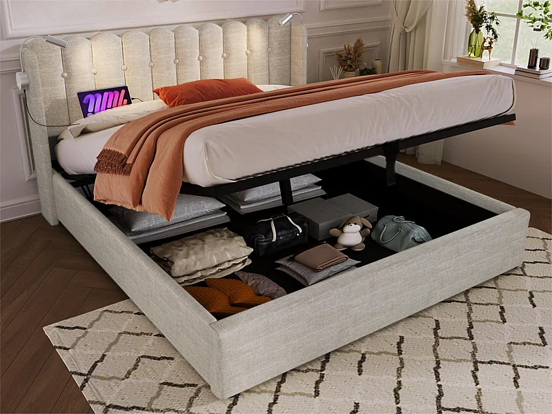 Lit coffre capitonné avec LED et Ports de charge USB - 160x200cm - tissu en lin - avec sommier à lattes - Beige