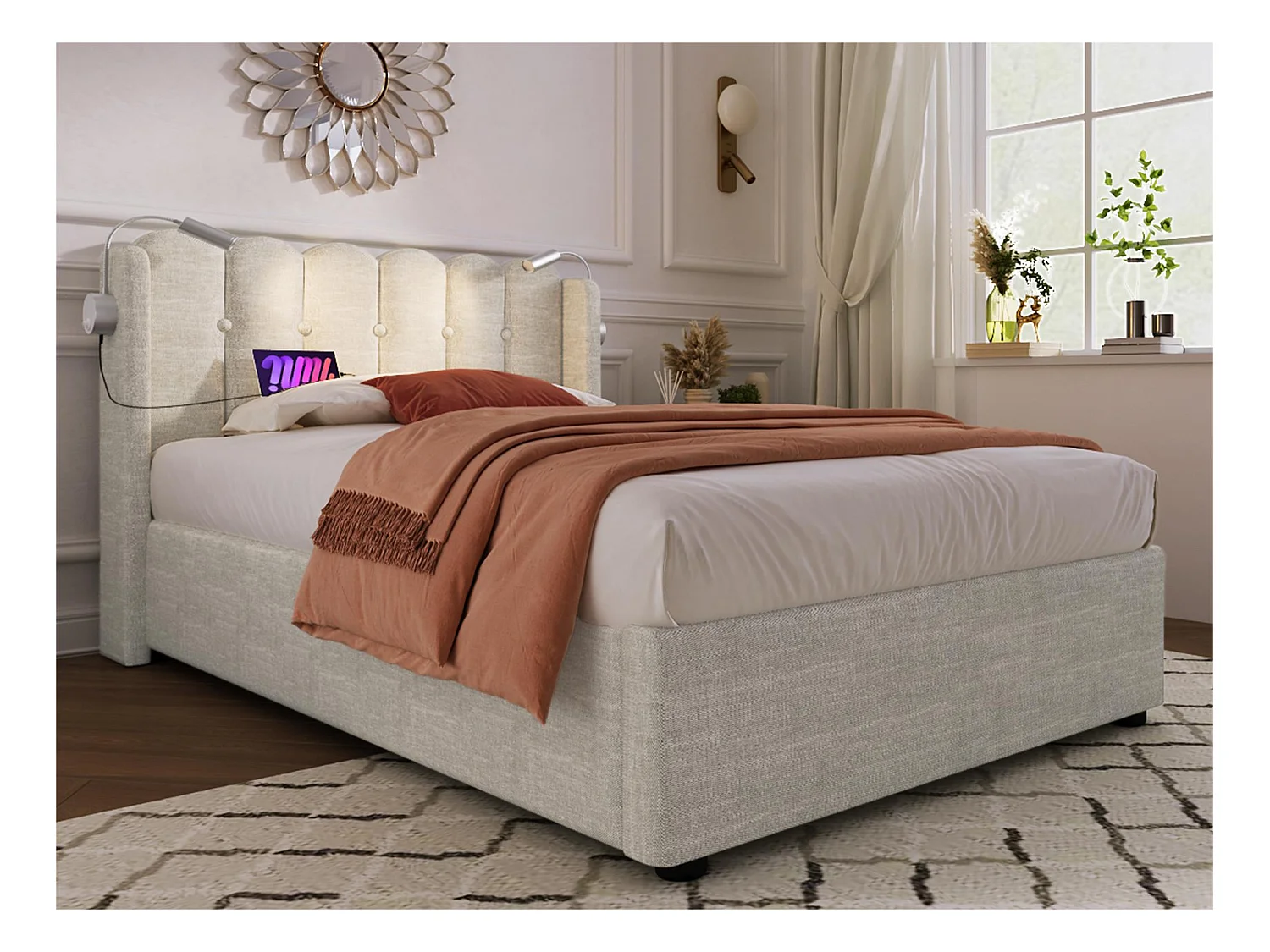 Lit coffre capitonné avec LED et Ports de charge USB - 90x200cm - tissu en lin - avec sommier à lattes - Beige
