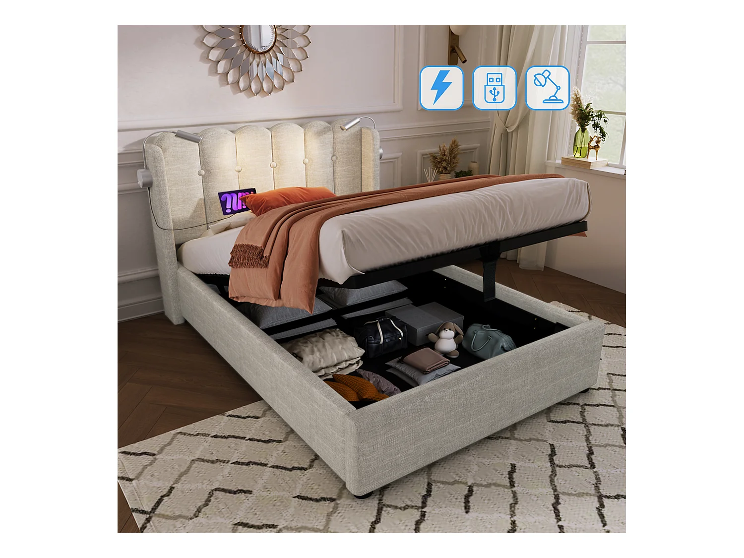 Cama contenedor tapizada con LED y puertos de carga USB - 90x200 cm - tela de lino - con somier de láminas - Beige