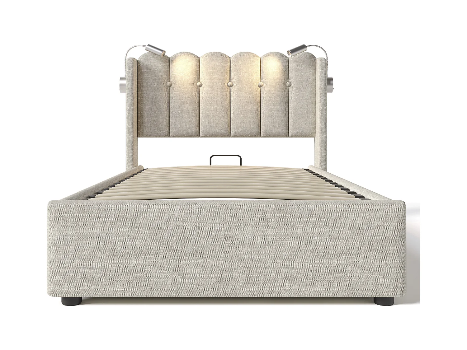 Cama contenedor tapizada con LED y puertos de carga USB - 90x200 cm - tela de lino - con somier de láminas - Beige