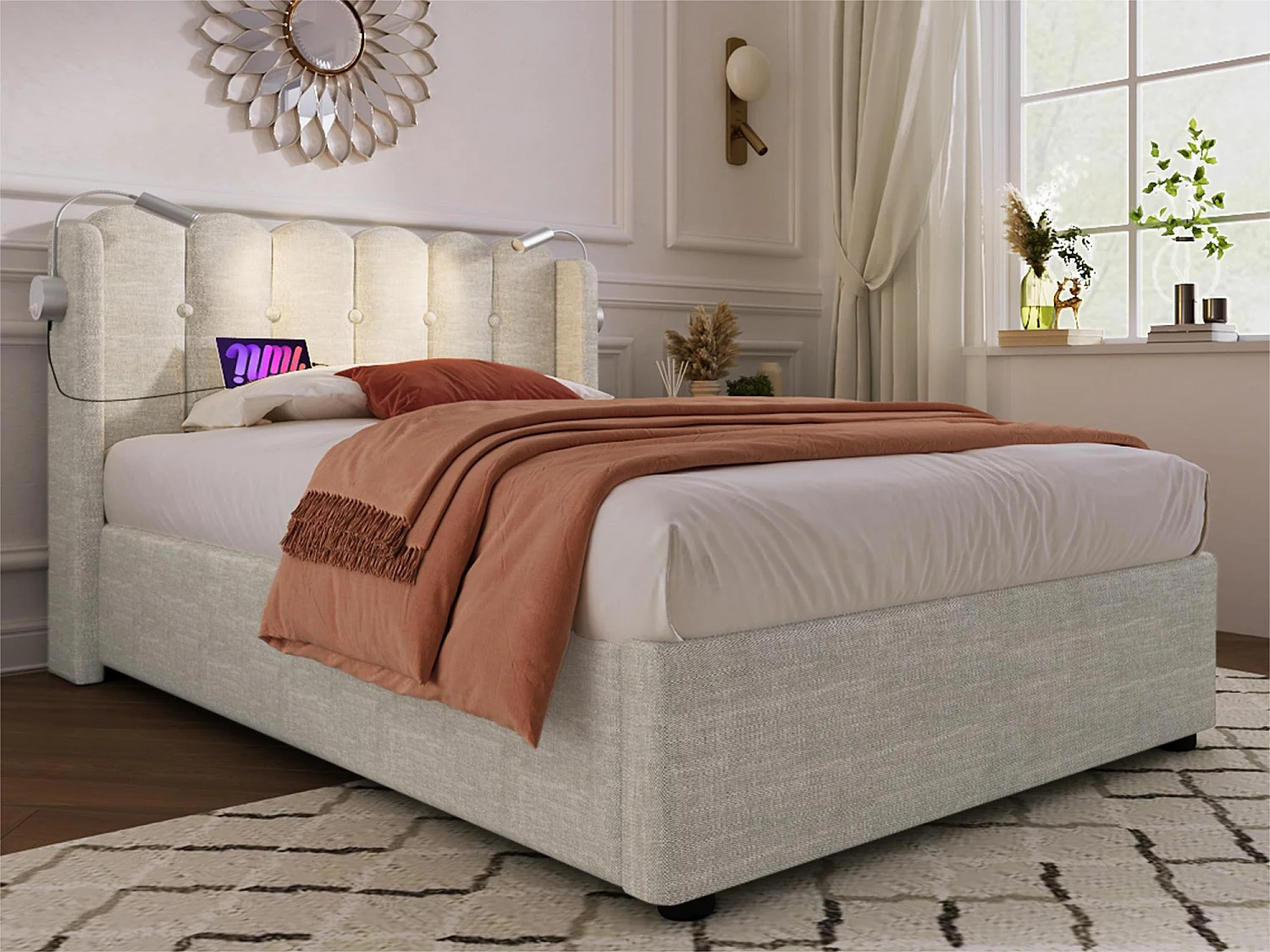 Gepolstertes Stauraumbett mit LED- und USB-Ladeanschlüssen – 90 x 200 cm – Leinenstoff – mit Lattenrost – Beige