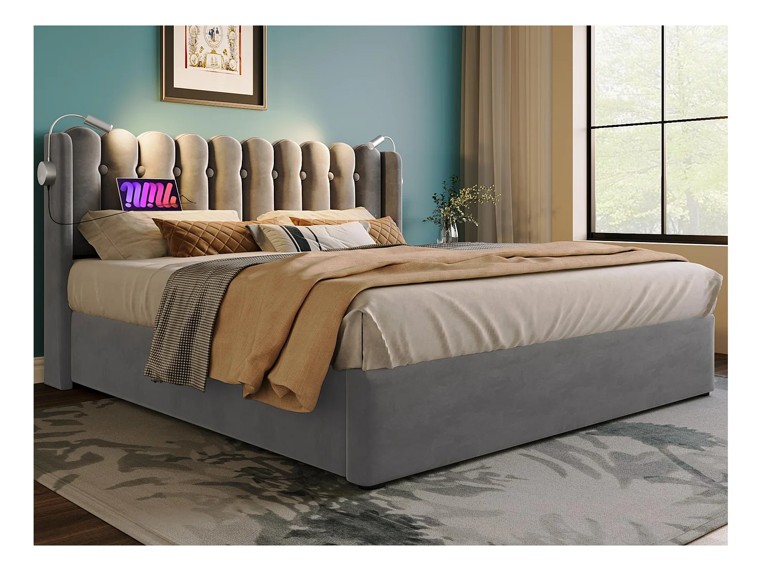 Lit coffre capitonné avec LED et Ports de charge USB - 160x200cm - tissu en velours - avec sommier à lattes - Gris