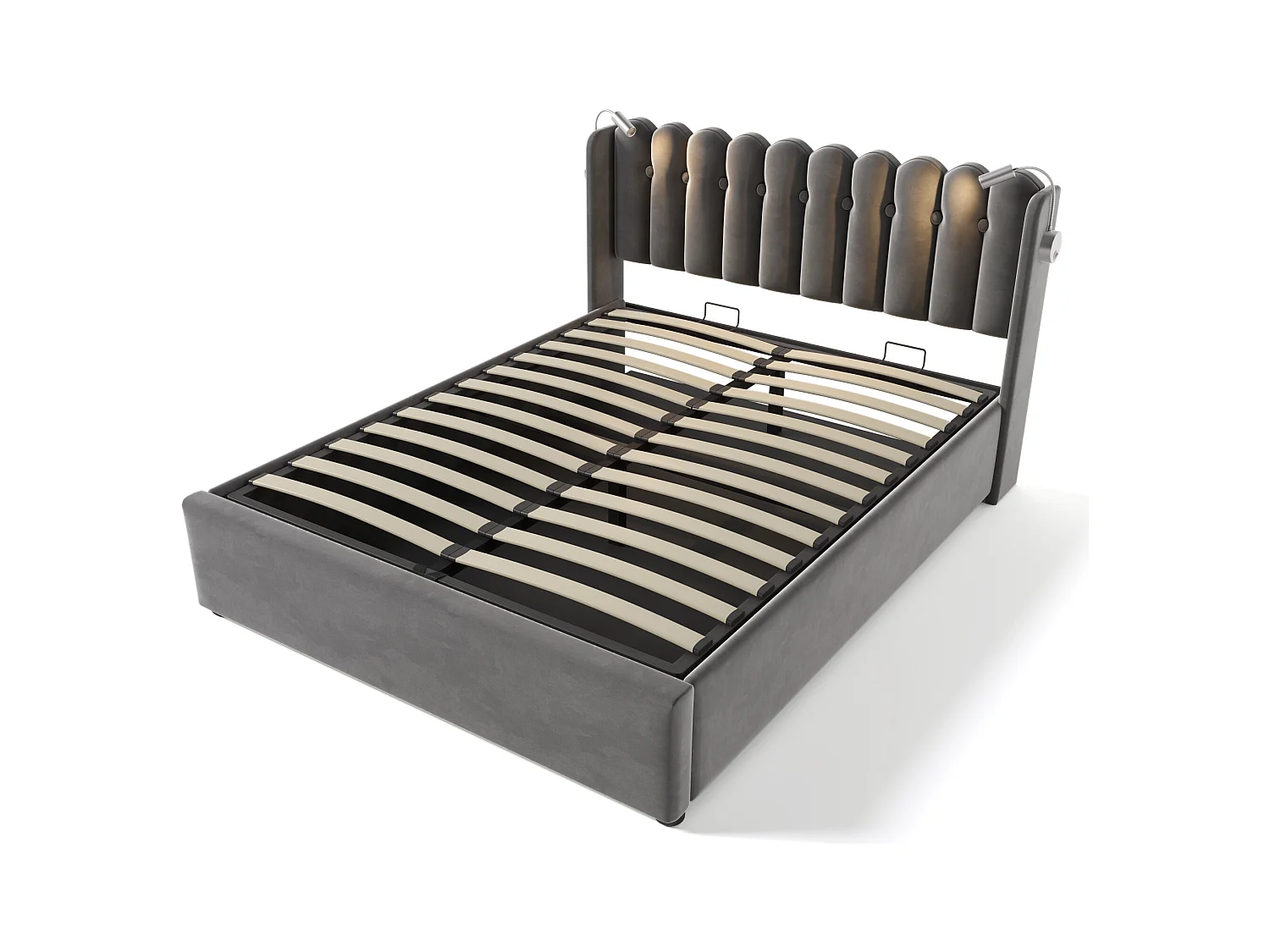 Cama contenedor tapizada con LED y puertos de carga USB - 160x200cm - tela de terciopelo - con somier - Gris