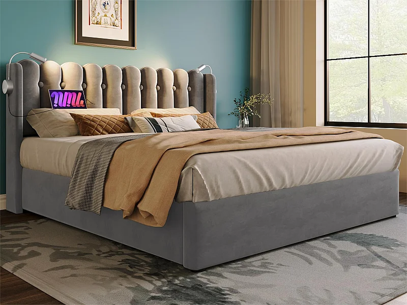 Lit coffre capitonné avec LED et Ports de charge USB - 160x200cm - tissu en velours - avec sommier à lattes - Gris