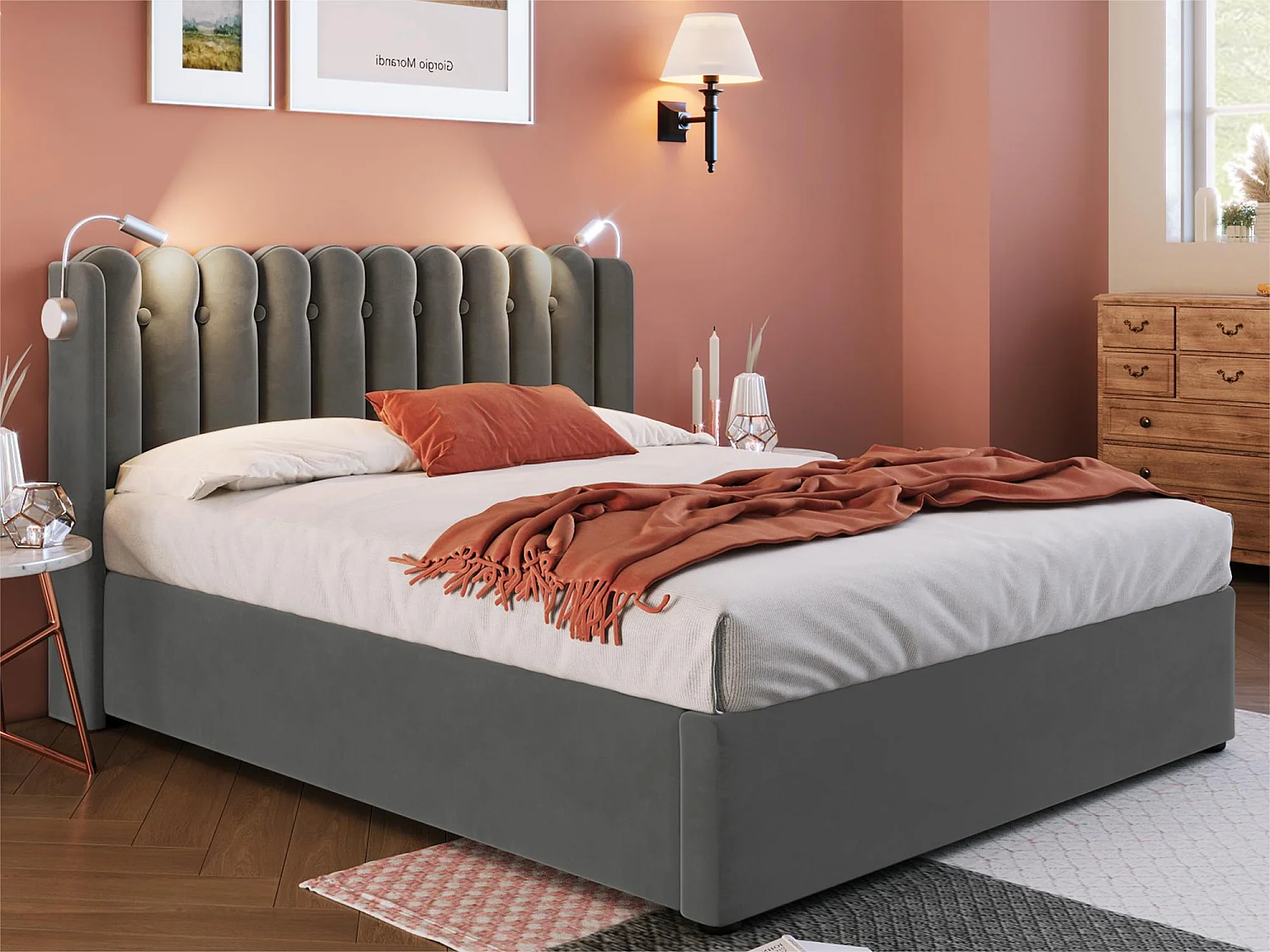 Gestoffeerd opbergbed met LED en USB oplaadpoorten - 140x200cm - stof fluweel - met lattenbodem - Grijs