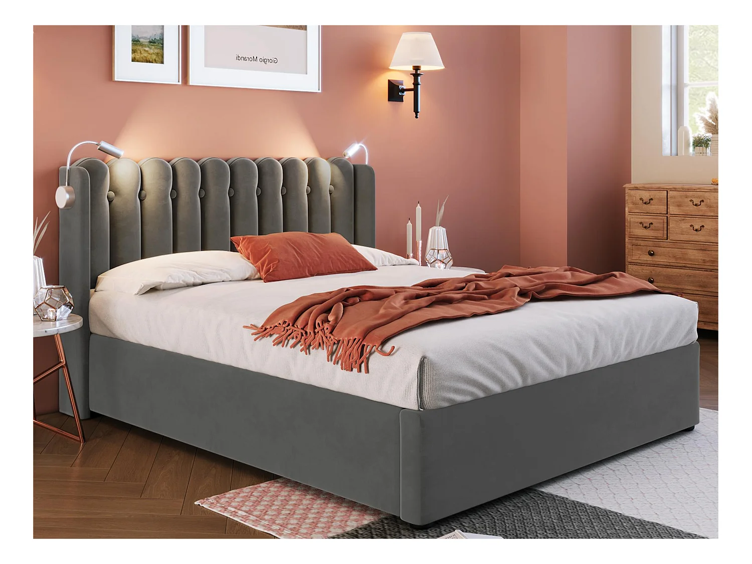 Lit coffre capitonné avec LED et Ports de charge USB - 140x200cm - tissu en velours - avec sommier à lattes - Gris