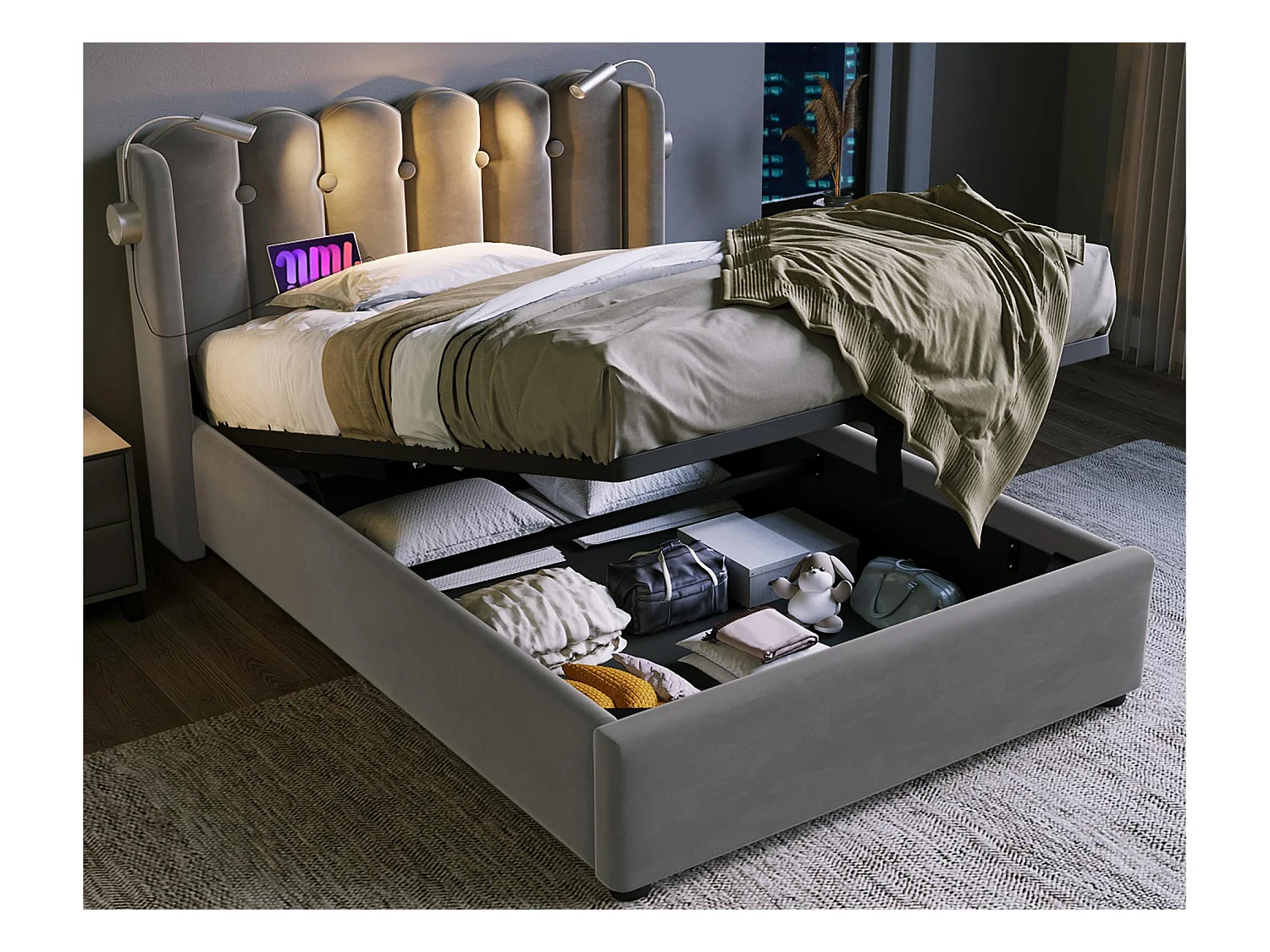 Lit coffre capitonné avec LED et Ports de charge USB - 90x200cm - tissu en velours - avec sommier à lattes - Gris