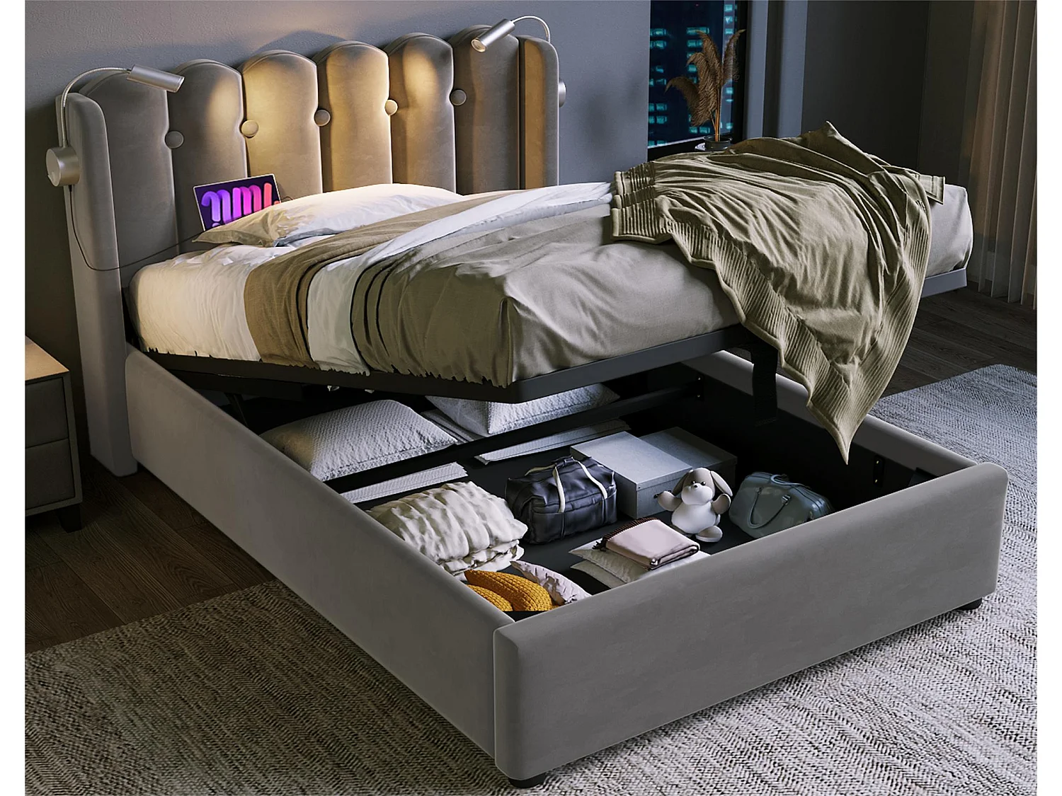 Lit coffre capitonné avec LED et Ports de charge USB - 90x200cm - tissu en velours - avec sommier à lattes - Gris